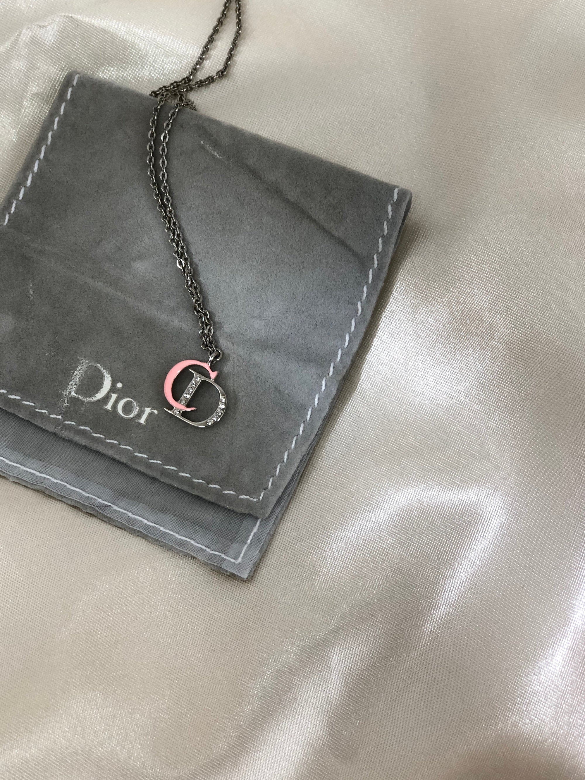 Christian D1OR CD Logo Necklace Pink Silver Vintage Old nya2c5
