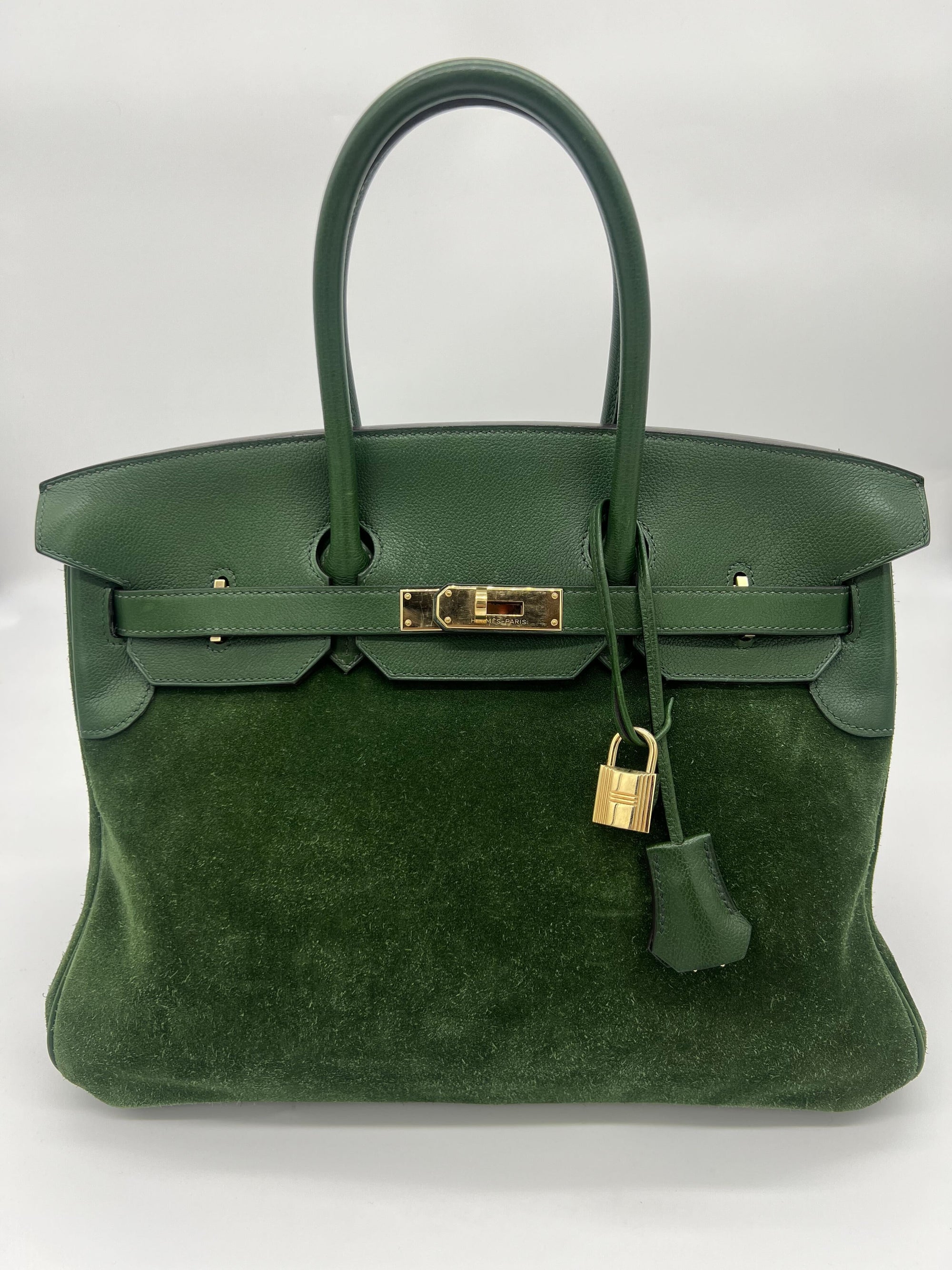 HMS Birkin 35 Suede / Togo Green Gold Hardware