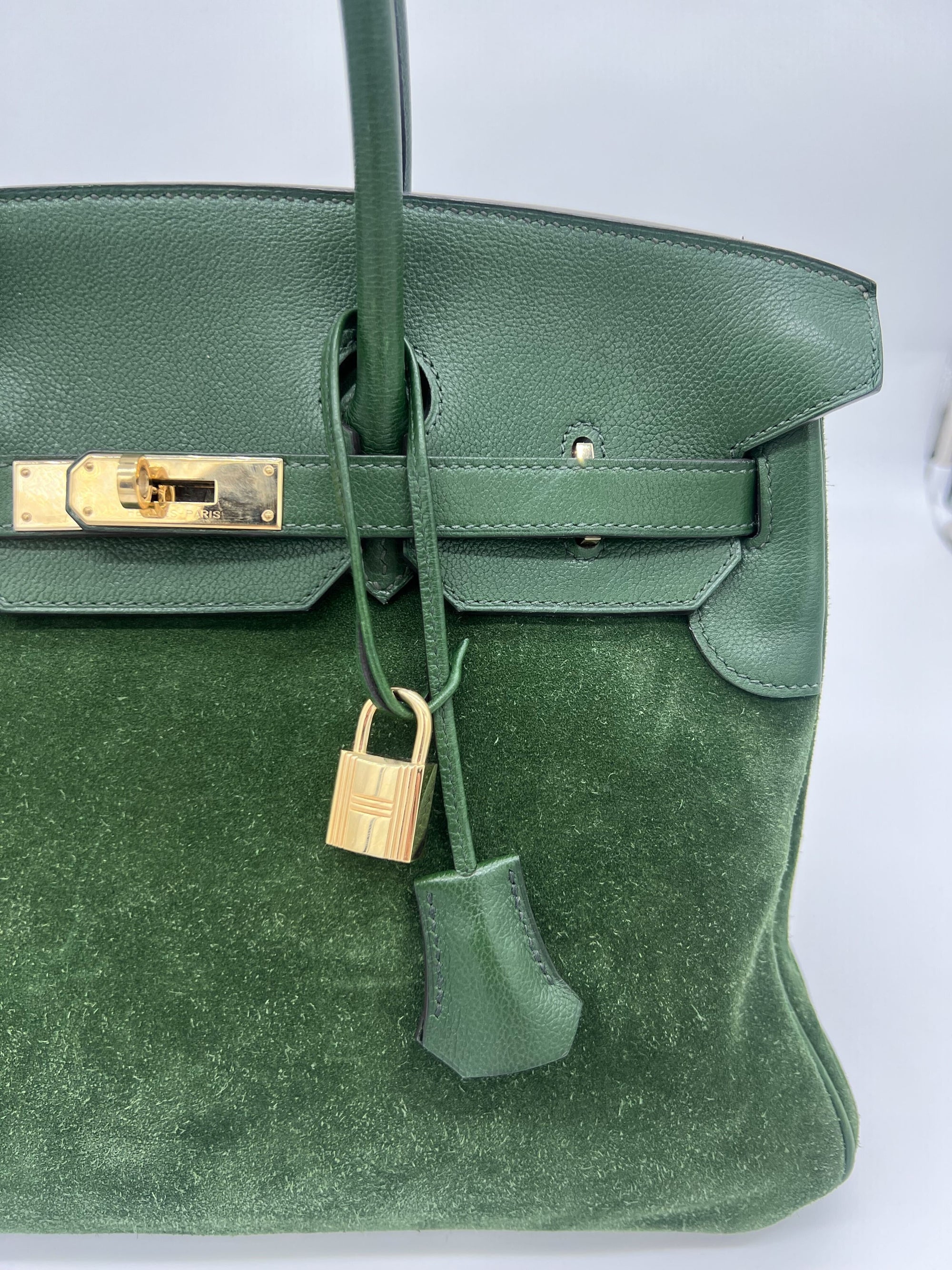 HMS Birkin 35 Suede / Togo Green Gold Hardware