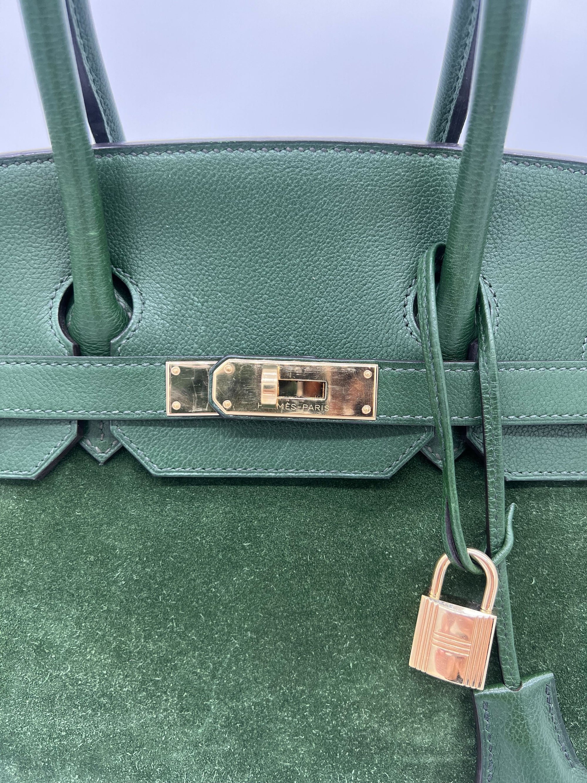 HMS Birkin 35 Suede / Togo Green Gold Hardware