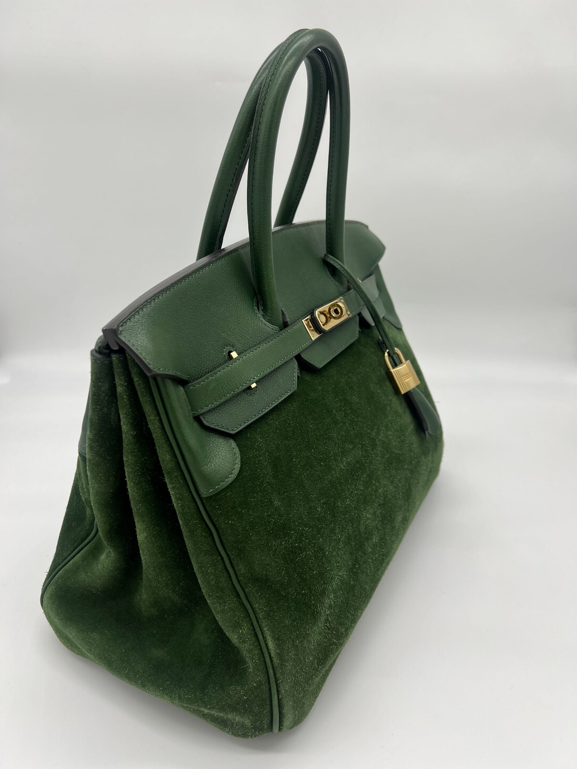 HMS Birkin 35 Suede / Togo Green Gold Hardware