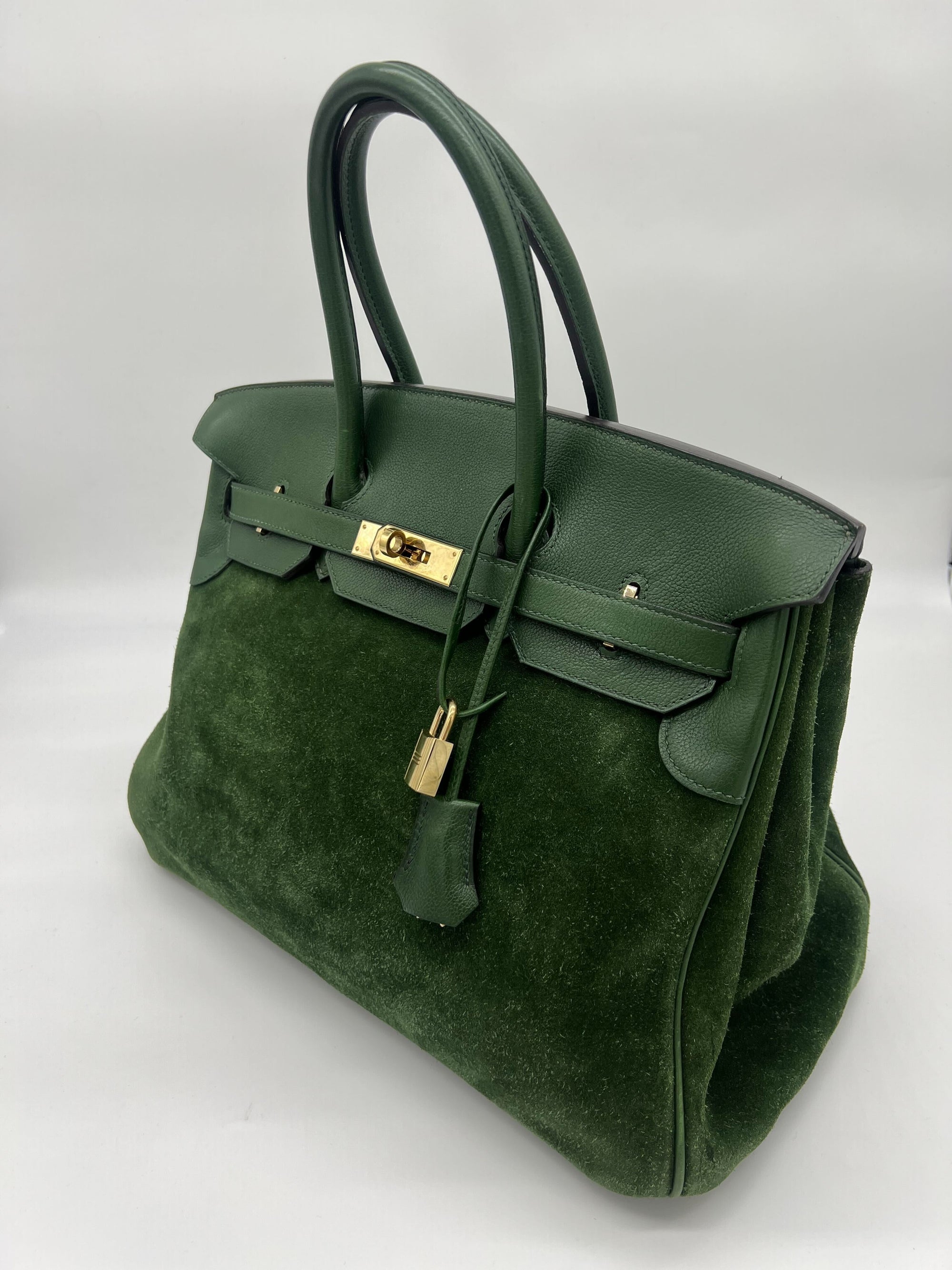 HMS Birkin 35 Suede / Togo Green Gold Hardware