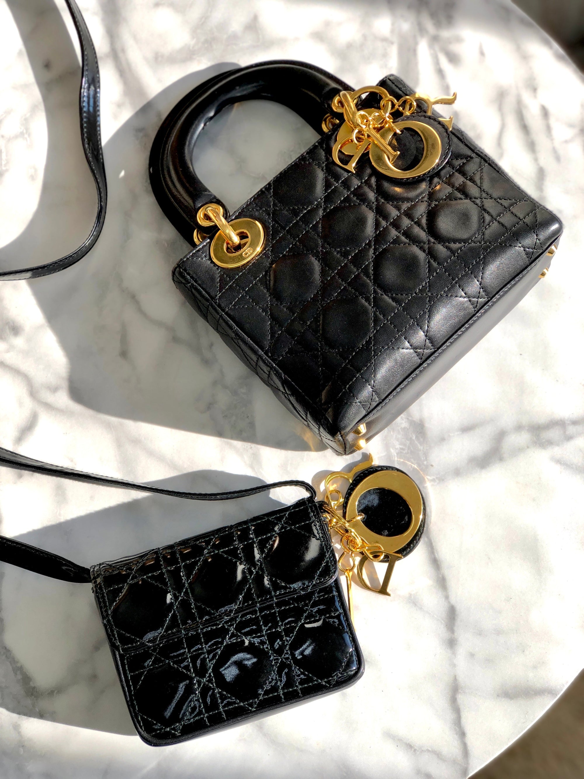 Christian D1OR Cannage Lady D1OR Patent leather Crossbody Small Shoulder bag Black 8xicb6