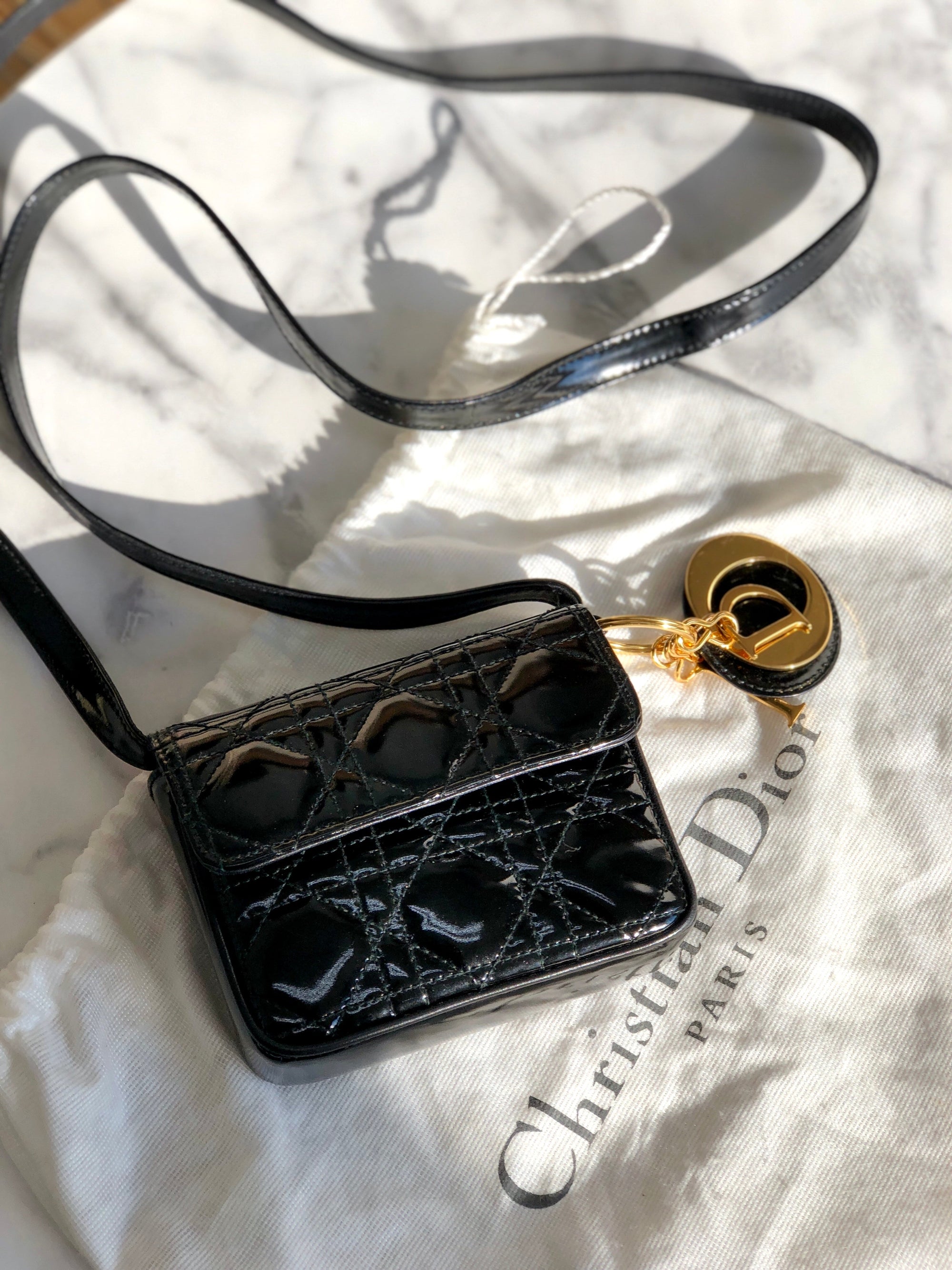 Christian D1OR Cannage Lady D1OR Patent leather Crossbody Small Shoulder bag Black 8xicb6