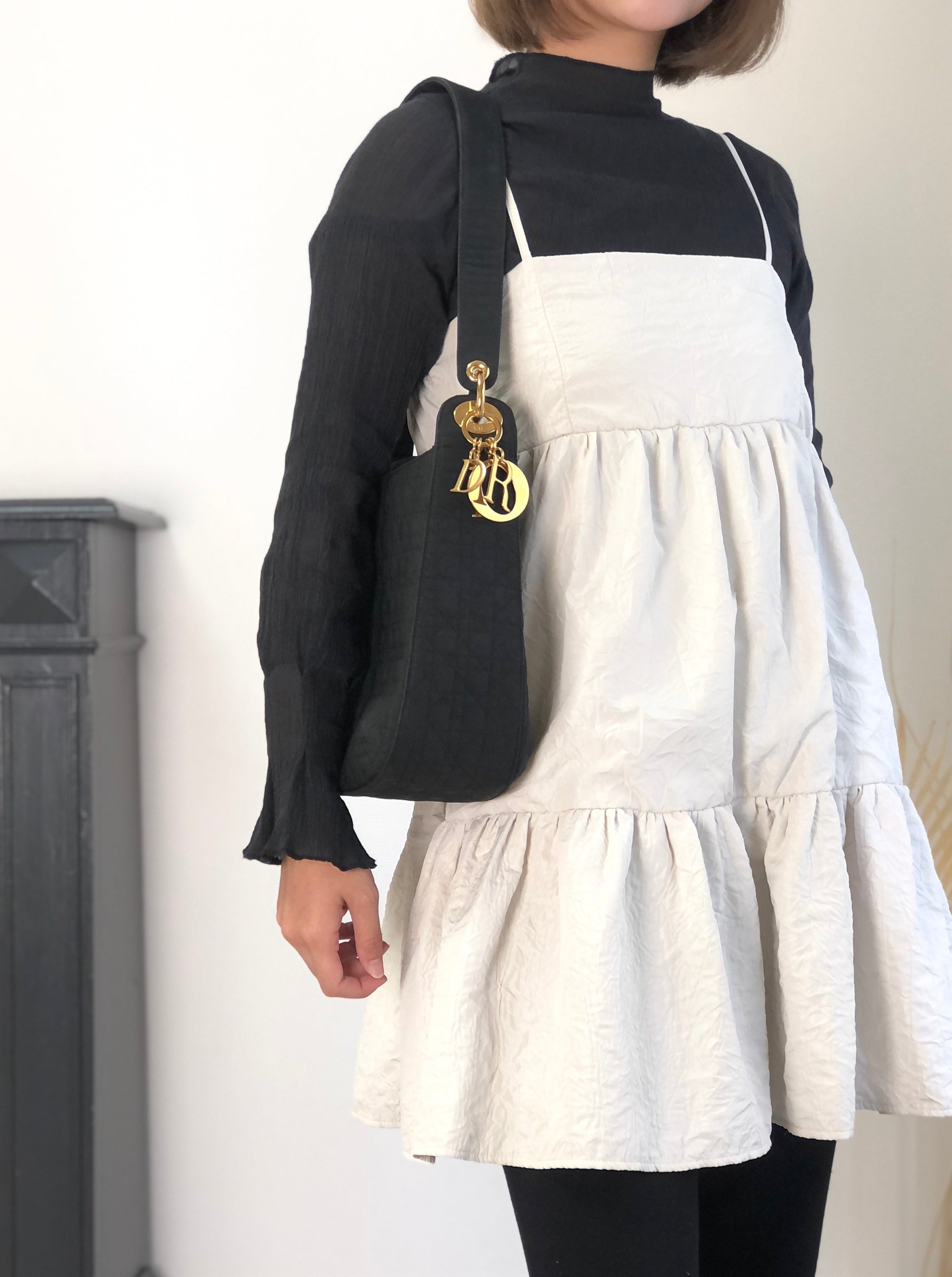 Christian D1OR Cannage Logo Charm Shoulder bag Black Vintage jbwgb7