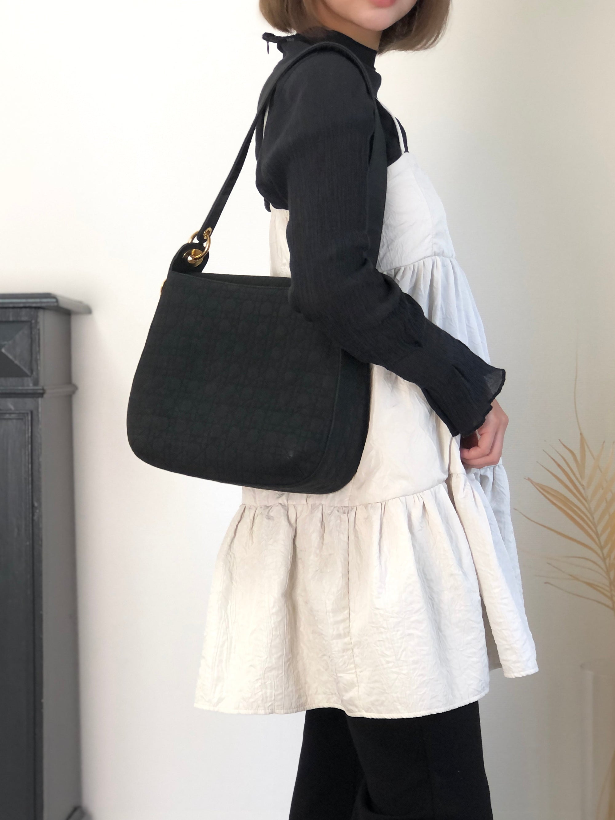 Christian D1OR Cannage Logo Charm Shoulder bag Black Vintage jbwgb7