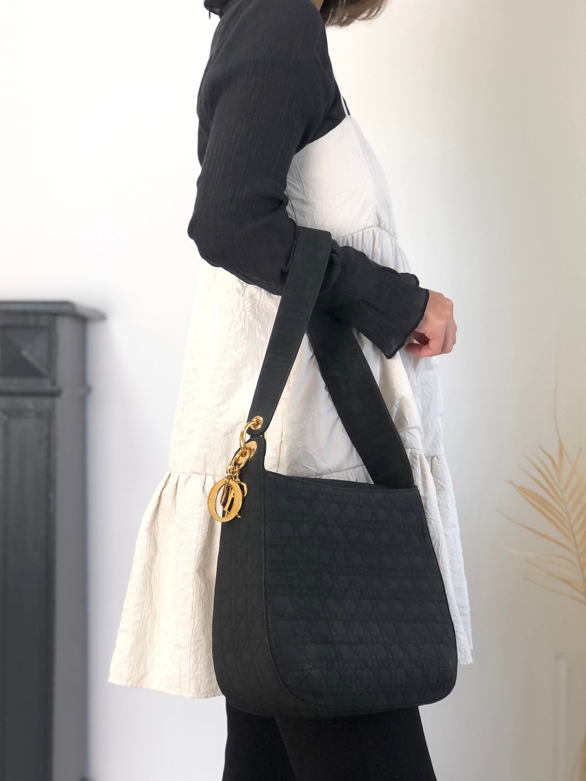 Christian D1OR Cannage Logo Charm Shoulder bag Black Vintage jbwgb7