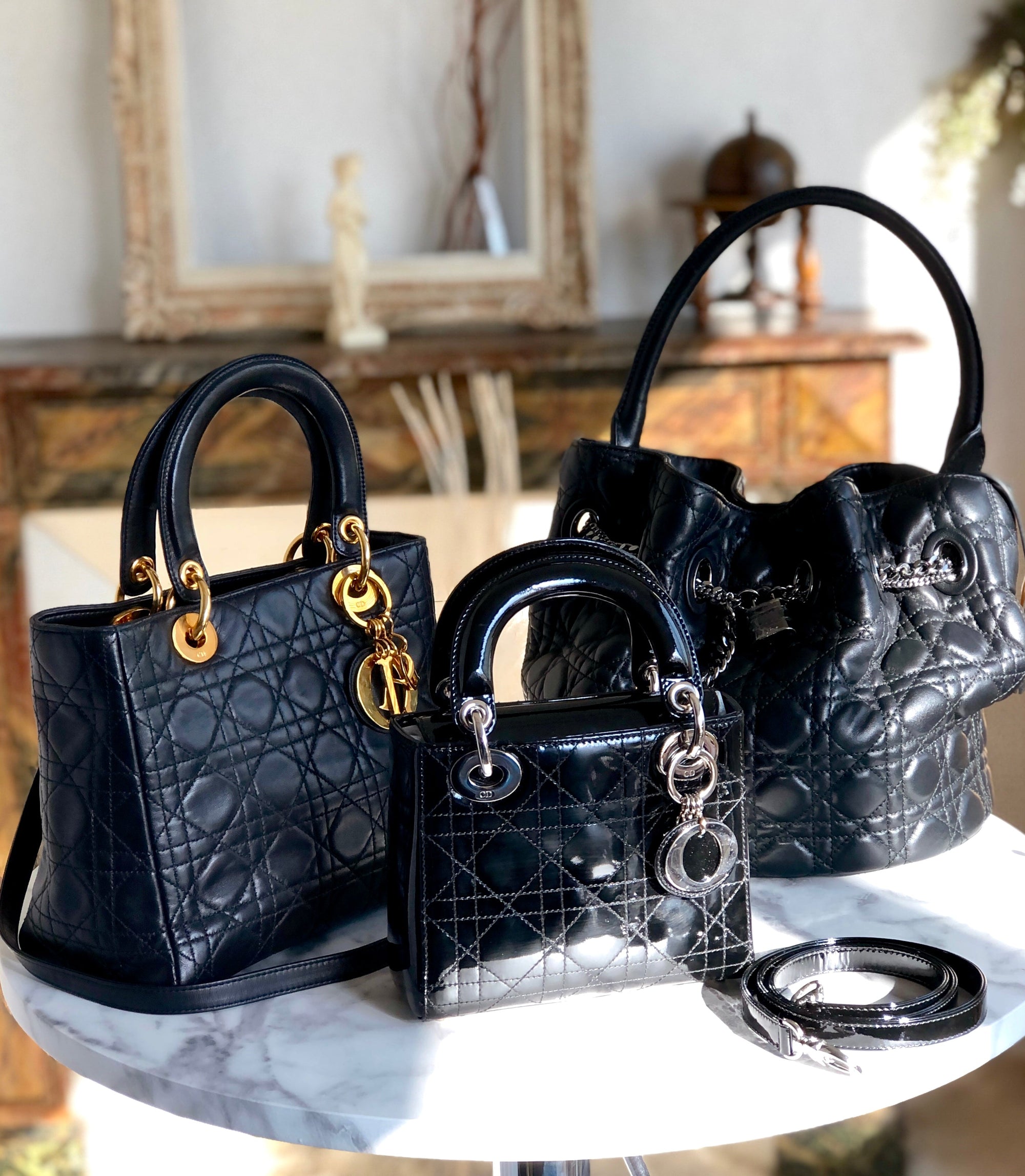 Christian D1OR Cannage Lady D1OR Patent leather Handbag Shoulder bag Black e3i7xj