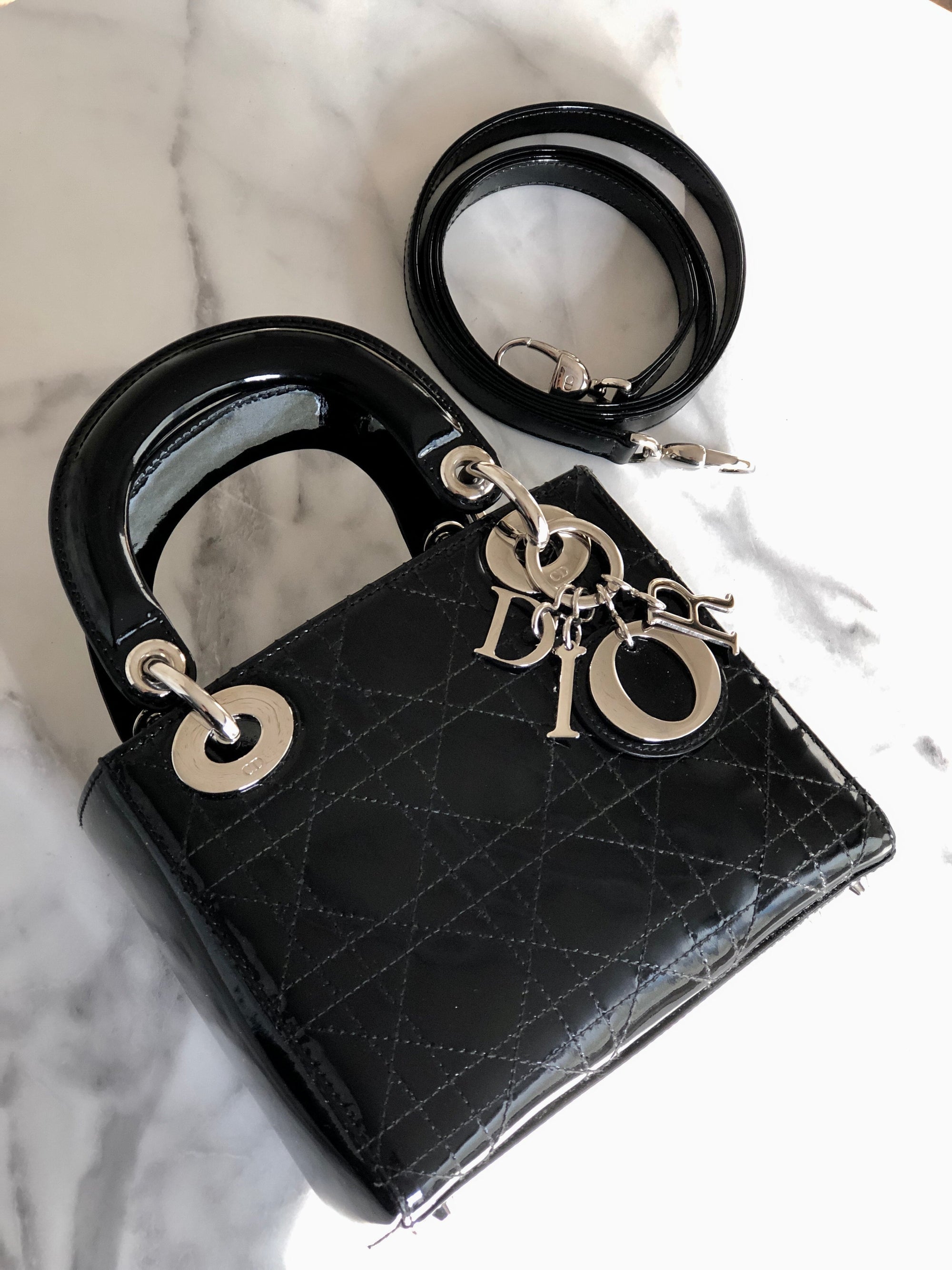 Christian D1OR Cannage Lady D1OR Patent leather Handbag Shoulder bag Black e3i7xj