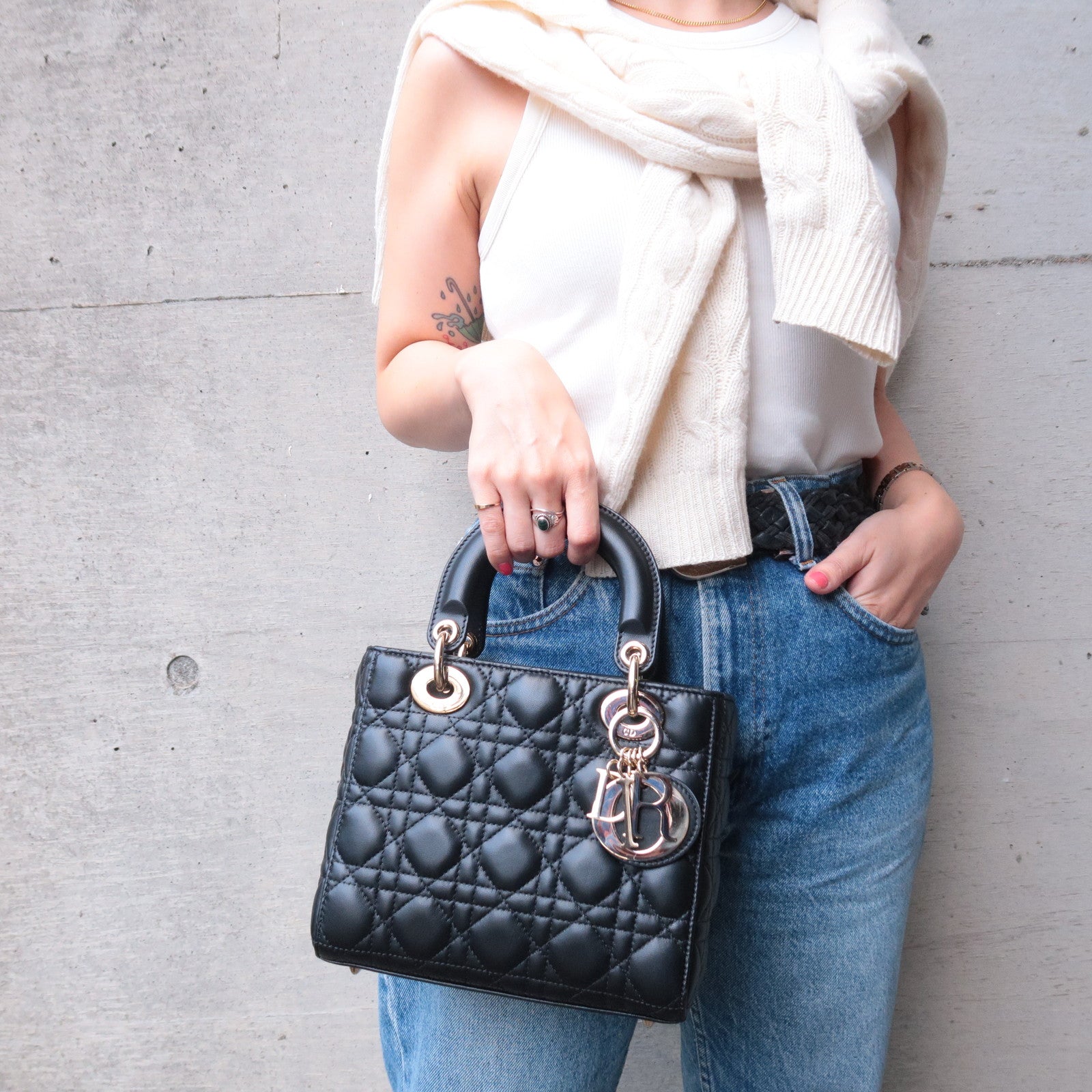 Christian D1OR Cannage Lady D1OR Leather 2way Hand Bag Black
