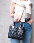 Christian D1OR Cannage Lady D1OR Leather 2way Hand Bag Black