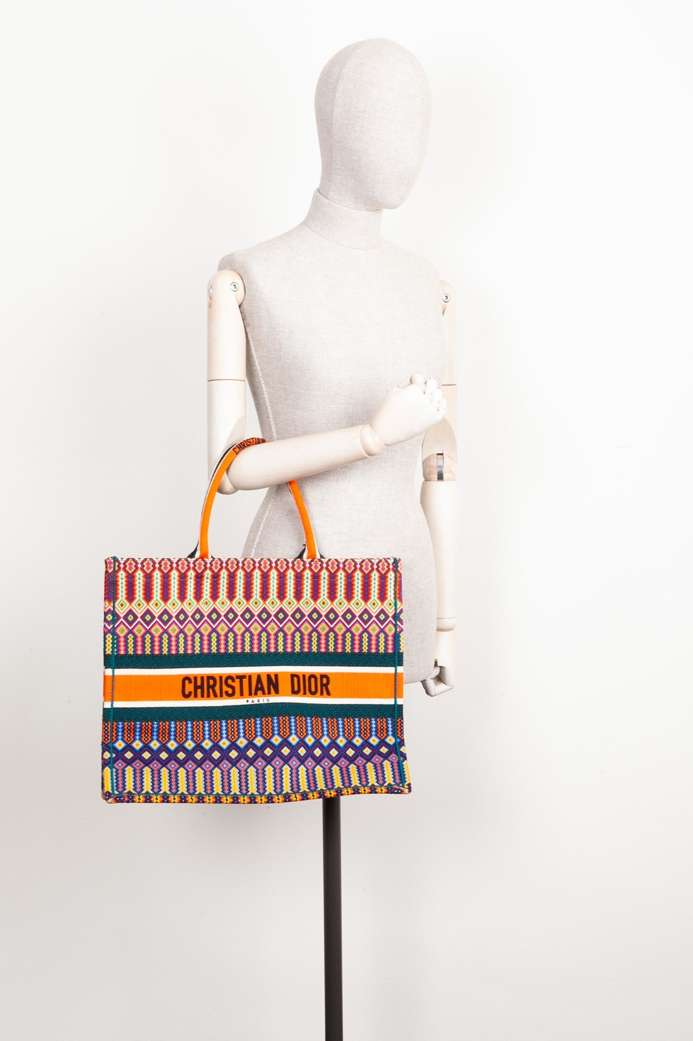 CHRISTIAN D1OR Book Tote Large Orange Green