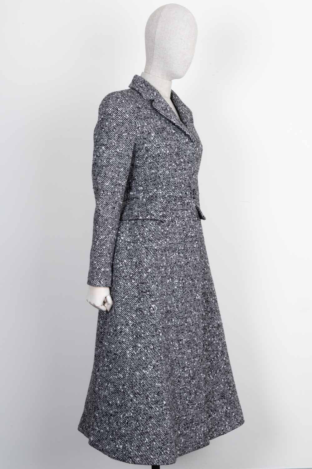 CHRISTIAN D1OR Belted A Line Coat Black White