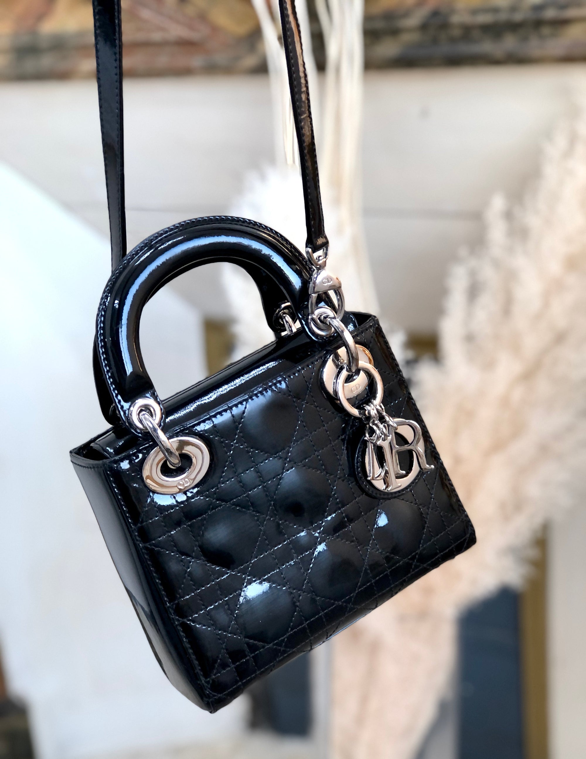 Christian D1OR Cannage Lady D1OR Patent leather Handbag Shoulder bag Black e3i7xj