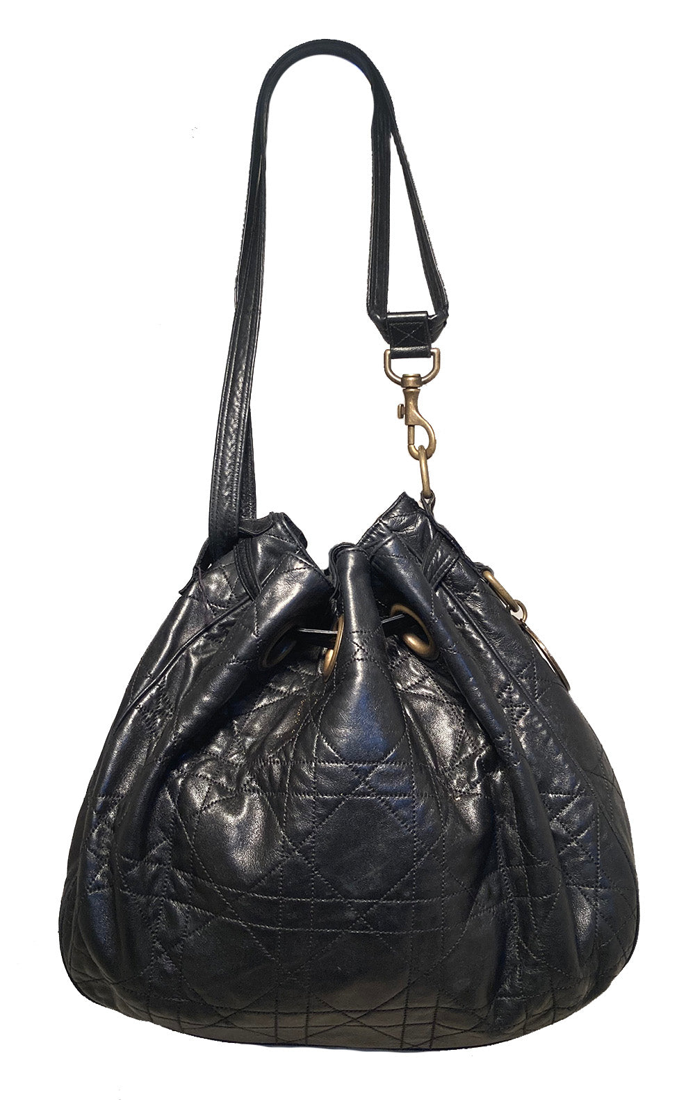 Christian D1OR Black Leather Cannage Drawstring Shoulder Bag