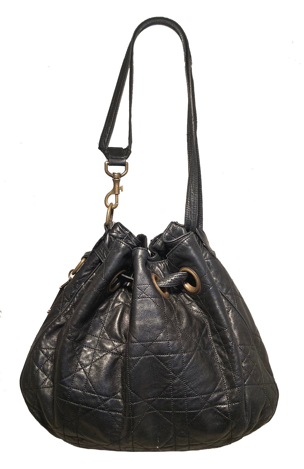 Christian D1OR Black Leather Cannage Drawstring Shoulder Bag