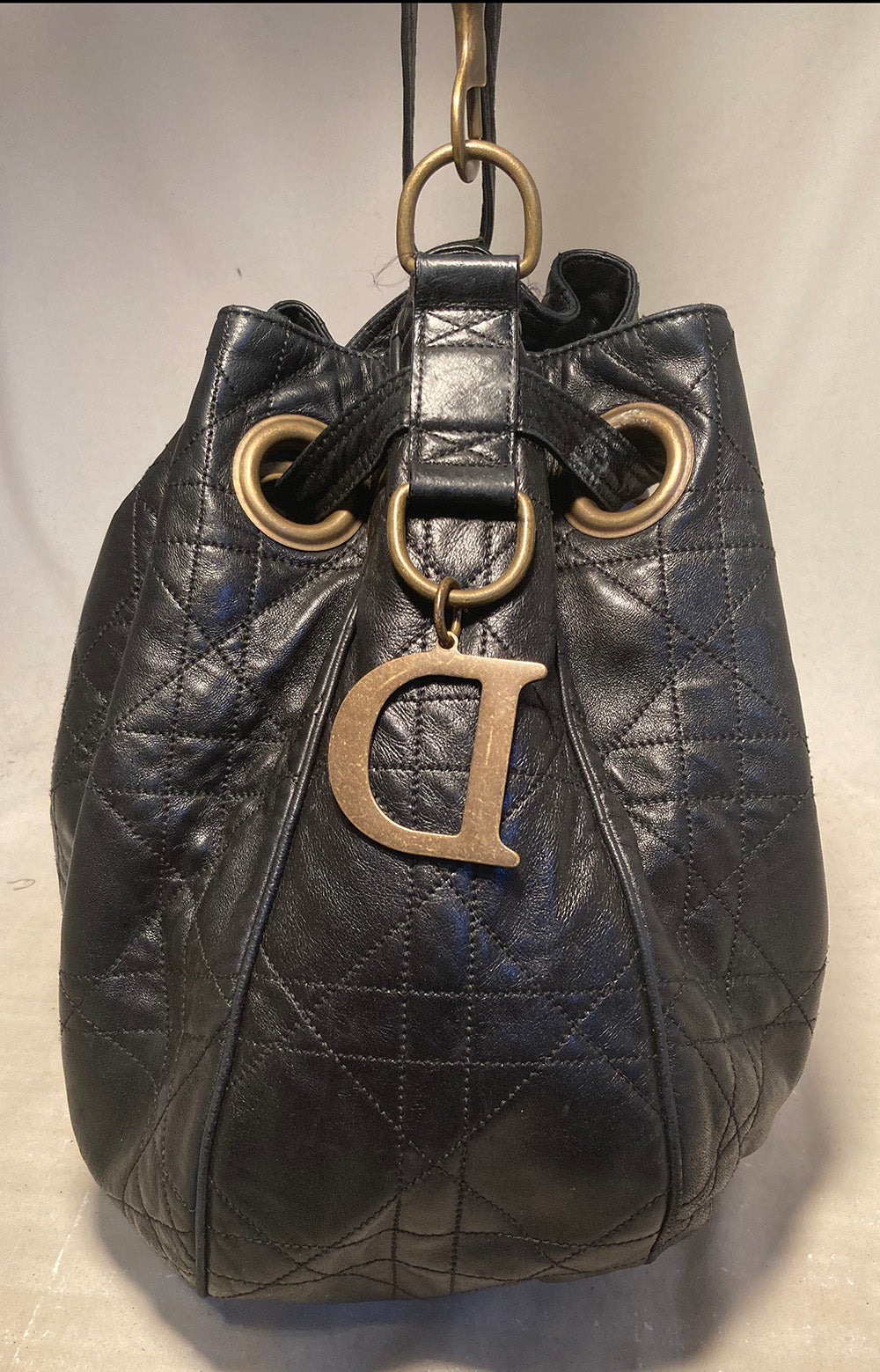 Christian D1OR Black Leather Cannage Drawstring Shoulder Bag