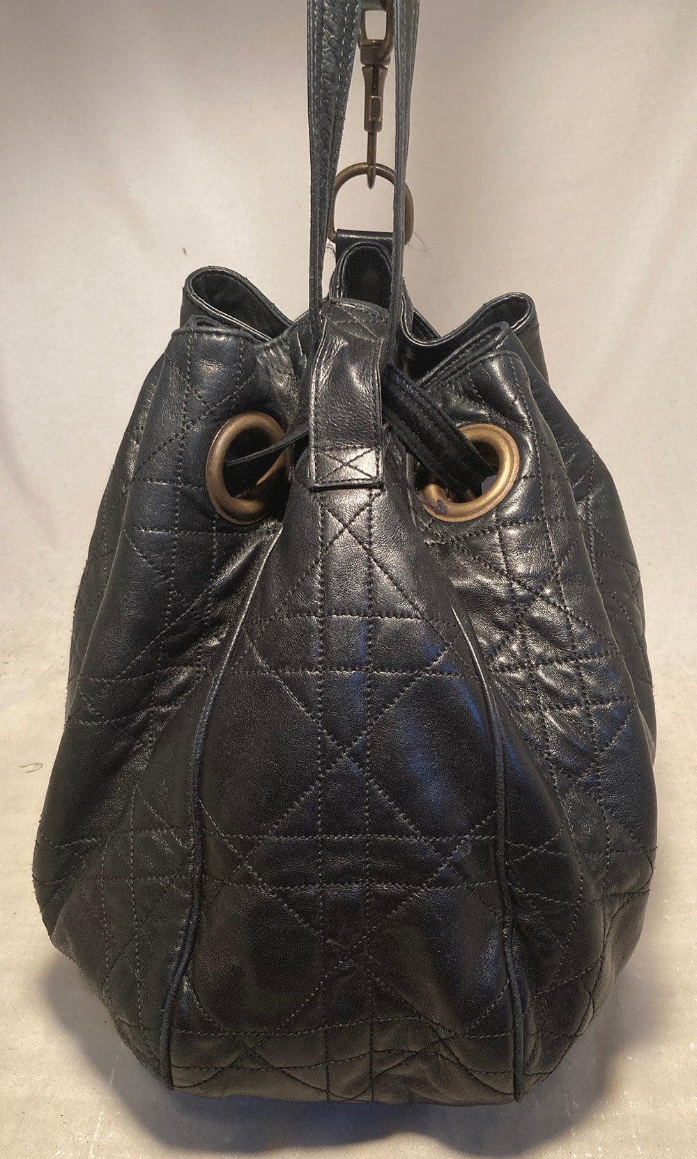 Christian D1OR Black Leather Cannage Drawstring Shoulder Bag