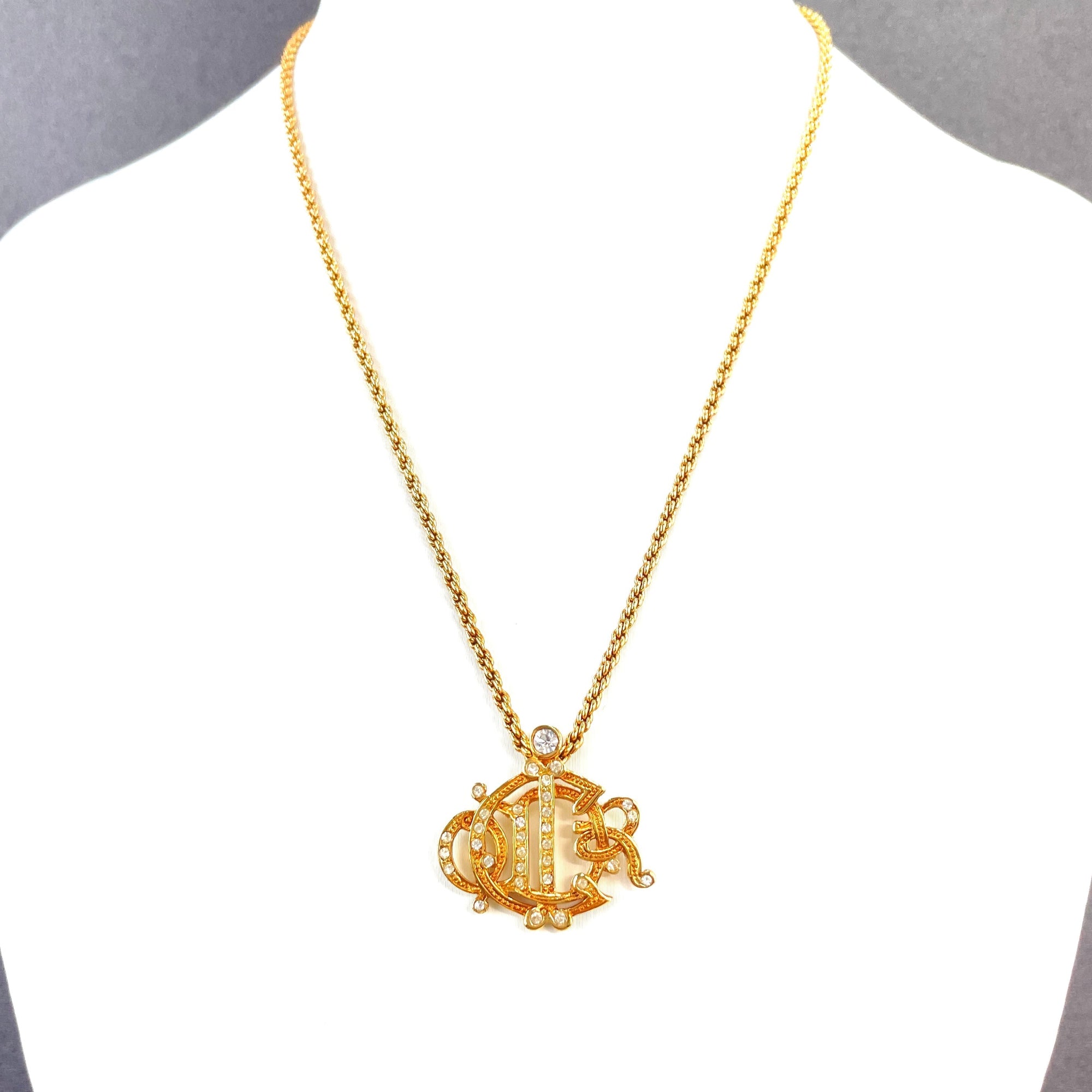 Christian D1OR  Emblem Logo Line Stone Necklace Gold vintage yxmhkk