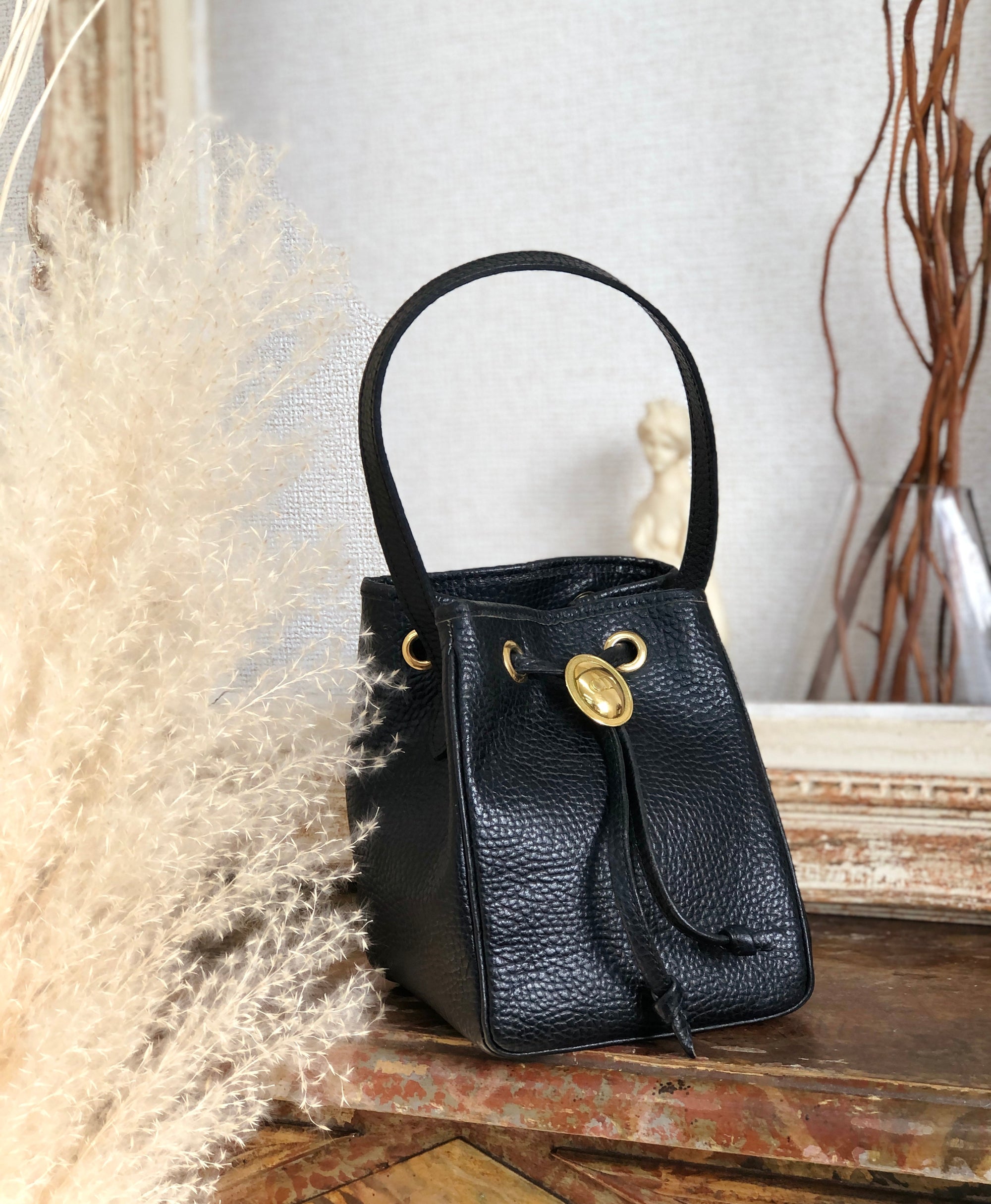 Christian D1OR CD logo Drawstring Handbag minibag Black Vintage Old 77xsb3