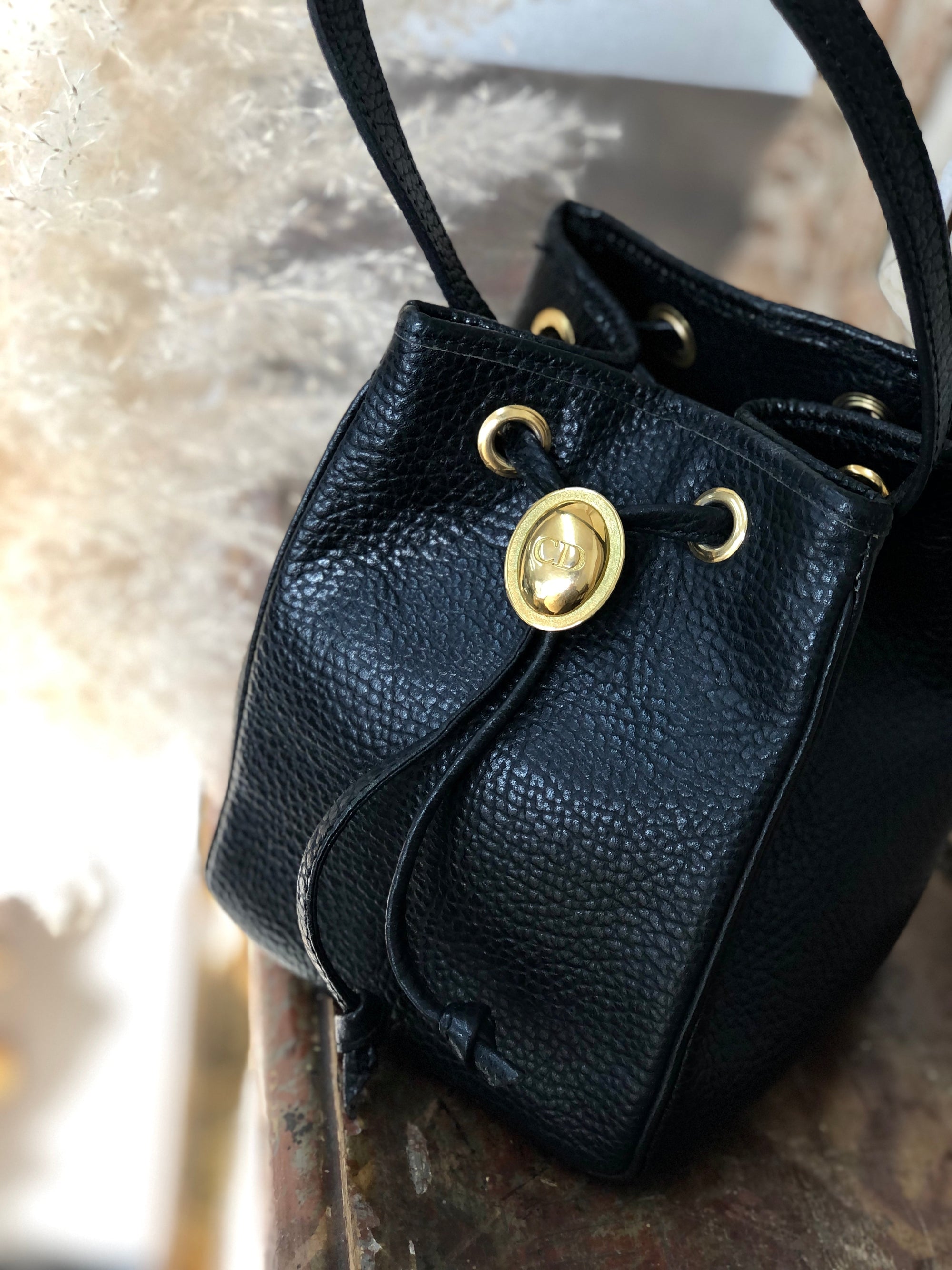 Christian D1OR CD logo Drawstring Handbag minibag Black Vintage Old 77xsb3