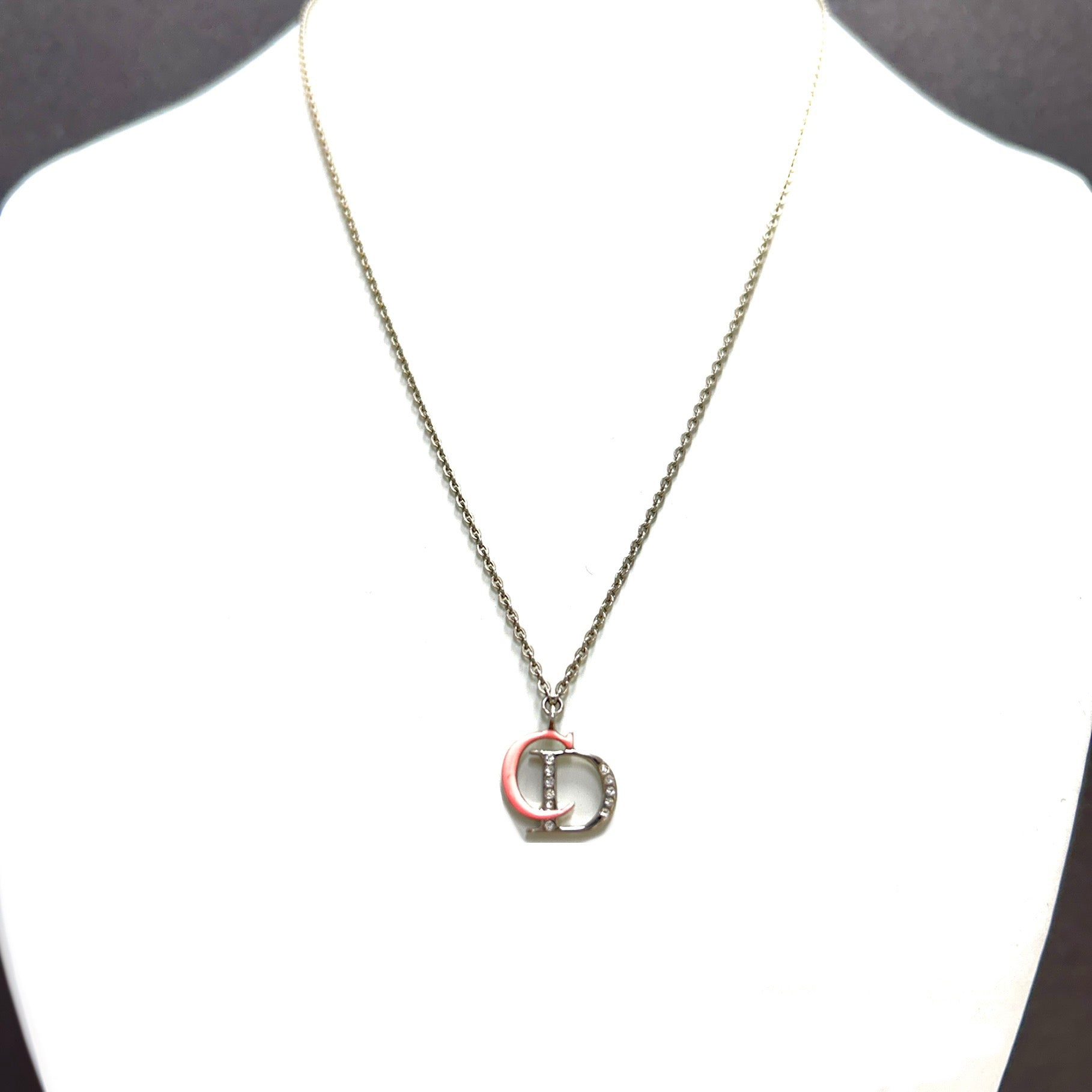 Christian D1OR CD Logo Necklace Pink Silver Vintage Old nya2c5
