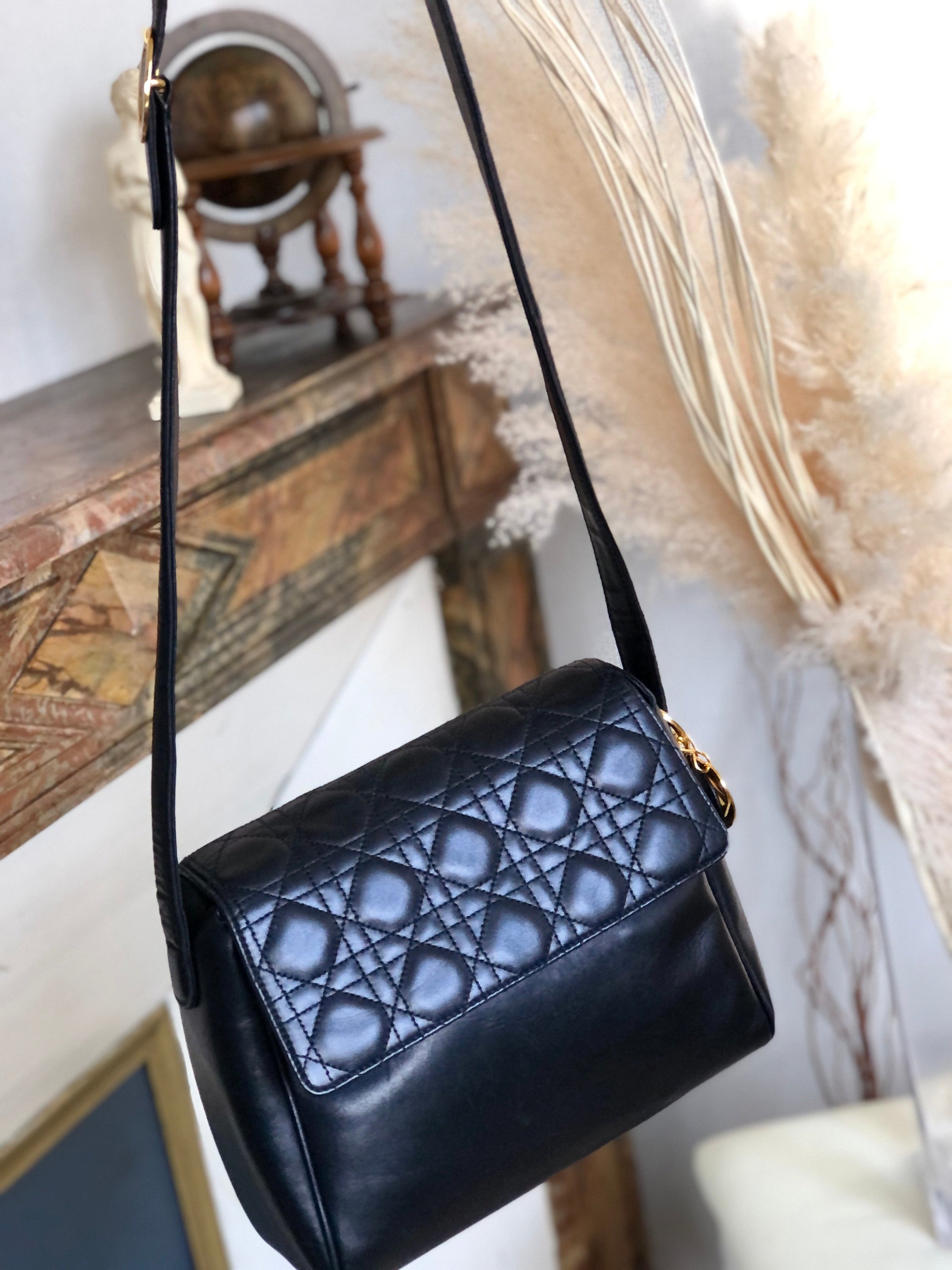 Christian D1OR Cannage Lady D1OR Charm Crossbody Shoulderbag Black hh7x7v