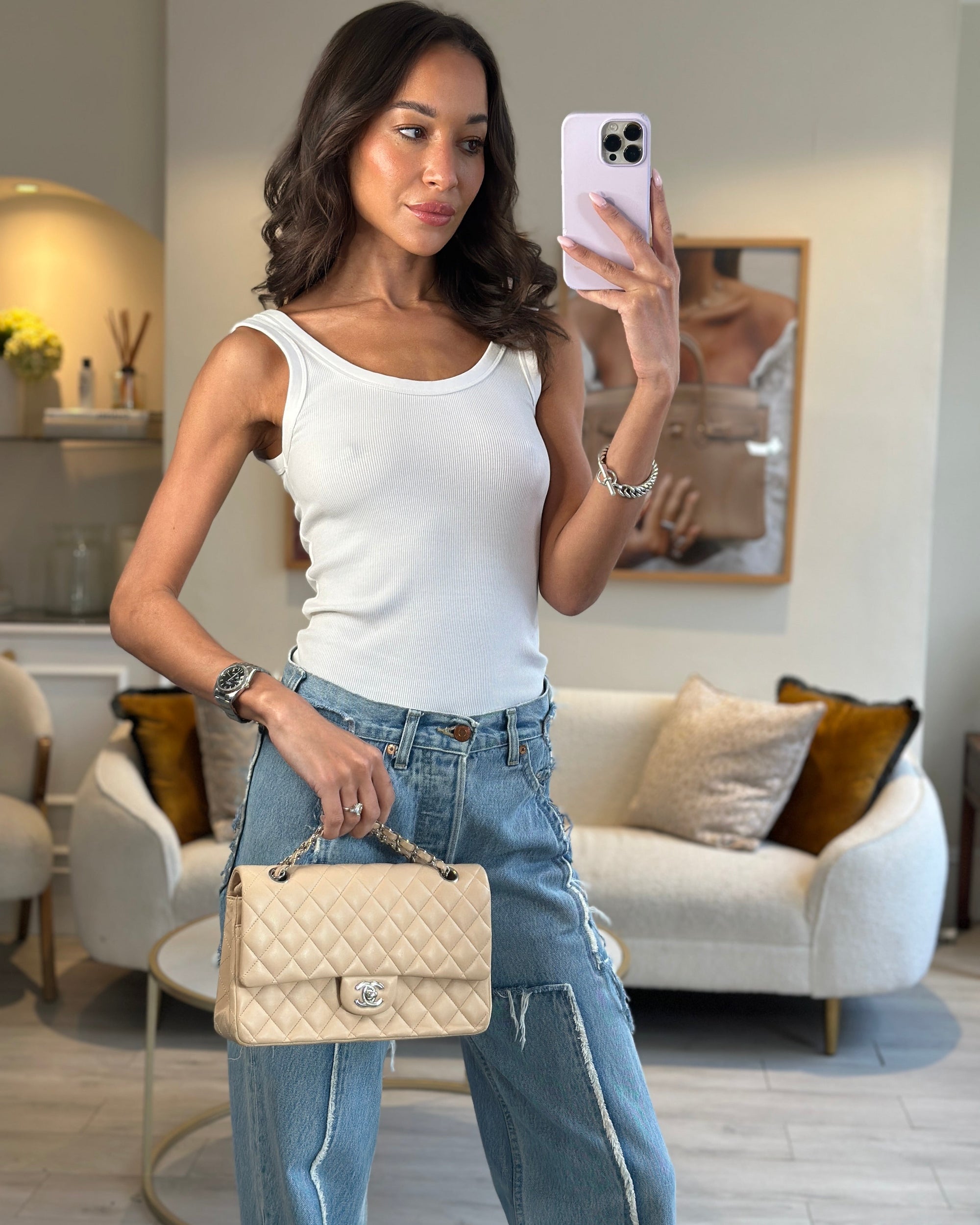 *FIRE PRICE* CH Beige Medium Double Flap Bag in Lambskin Leather with Silver Hardware