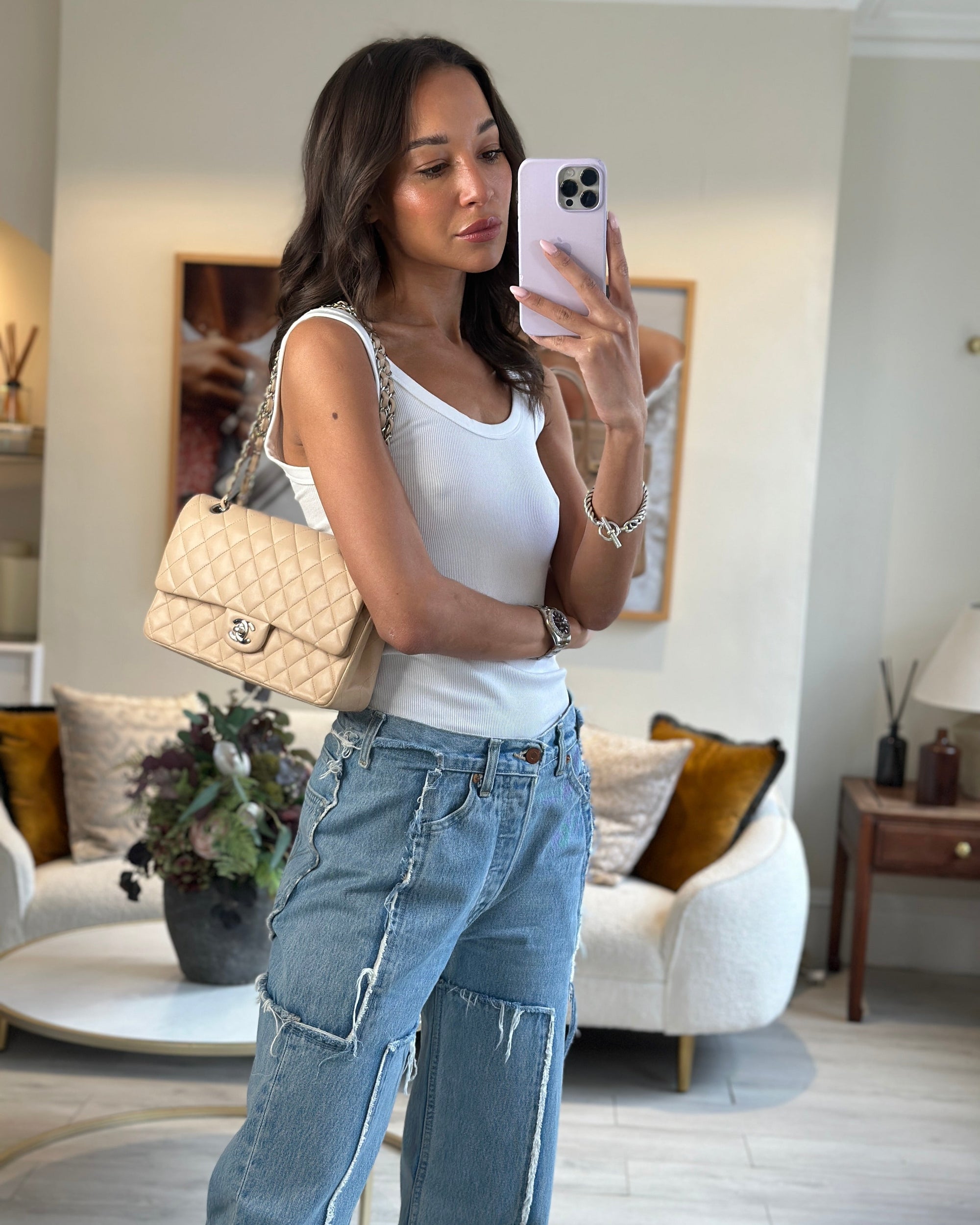 *FIRE PRICE* CH Beige Medium Double Flap Bag in Lambskin Leather with Silver Hardware