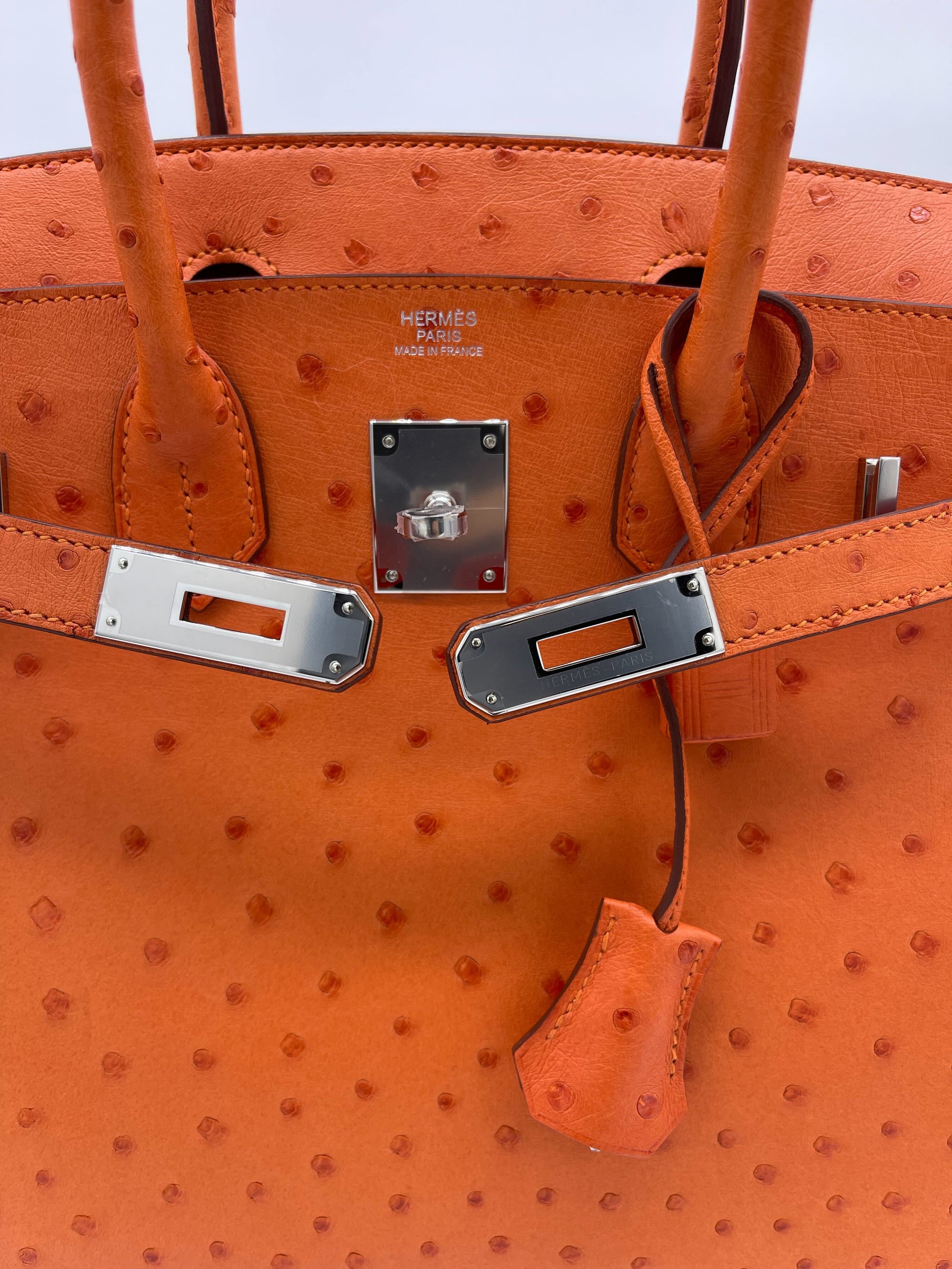 HMS Birkin 30 Ostrich 5K Tangerine Palladium Hardware