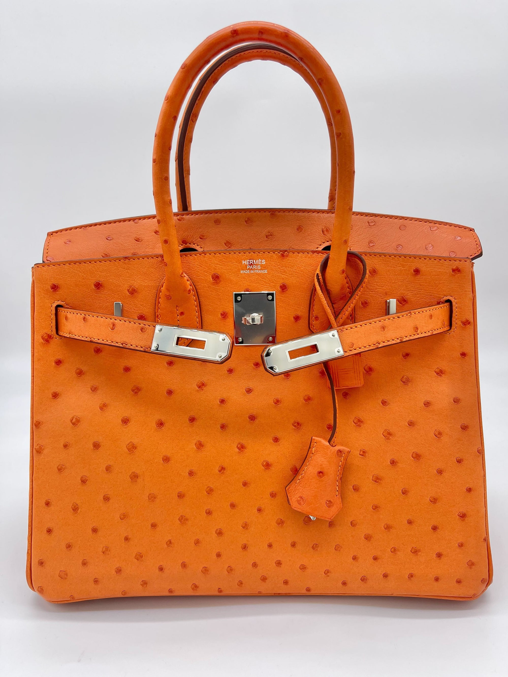 HMS Birkin 30 Ostrich 5K Tangerine Palladium Hardware