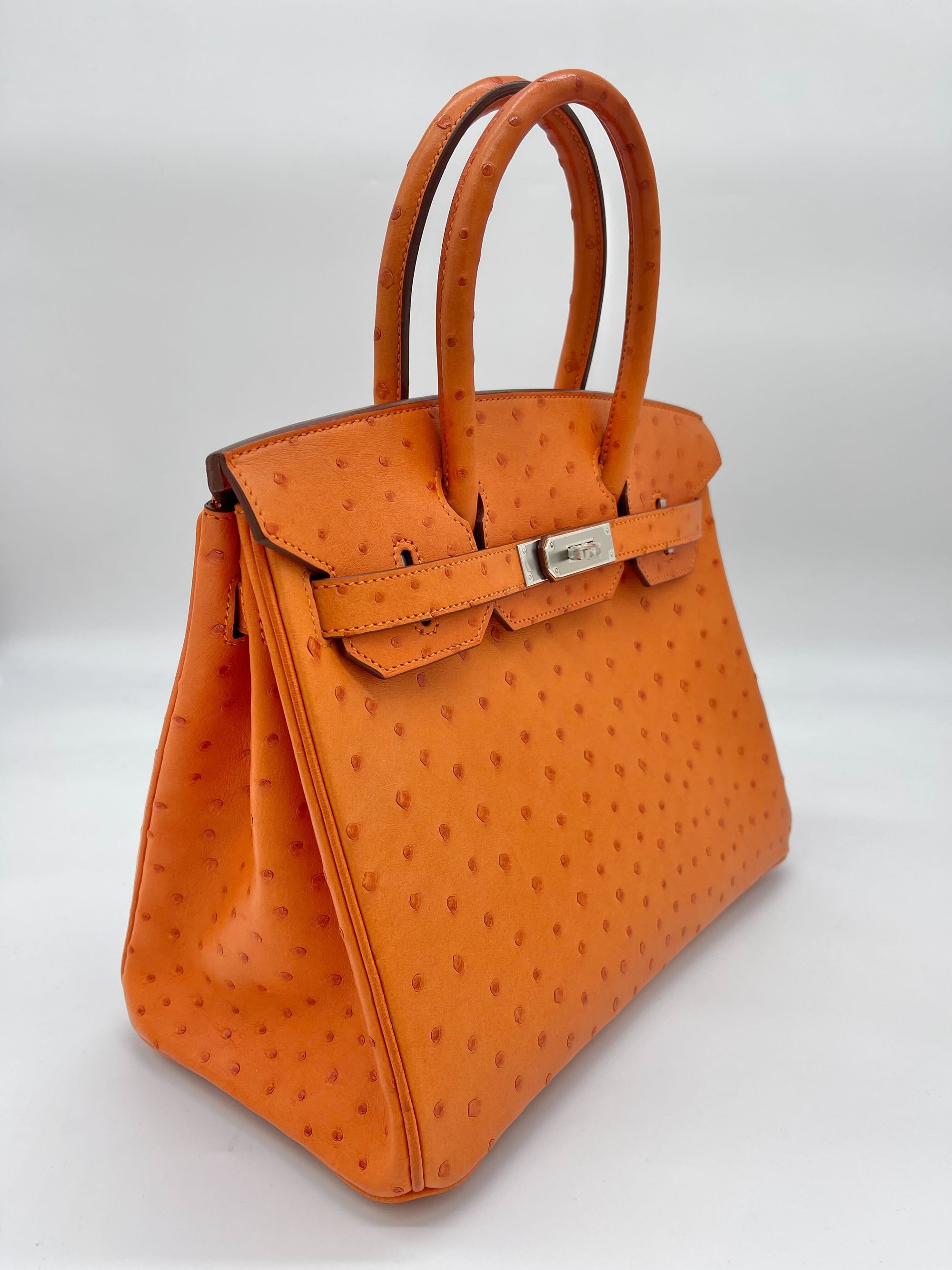 HMS Birkin 30 Ostrich 5K Tangerine Palladium Hardware