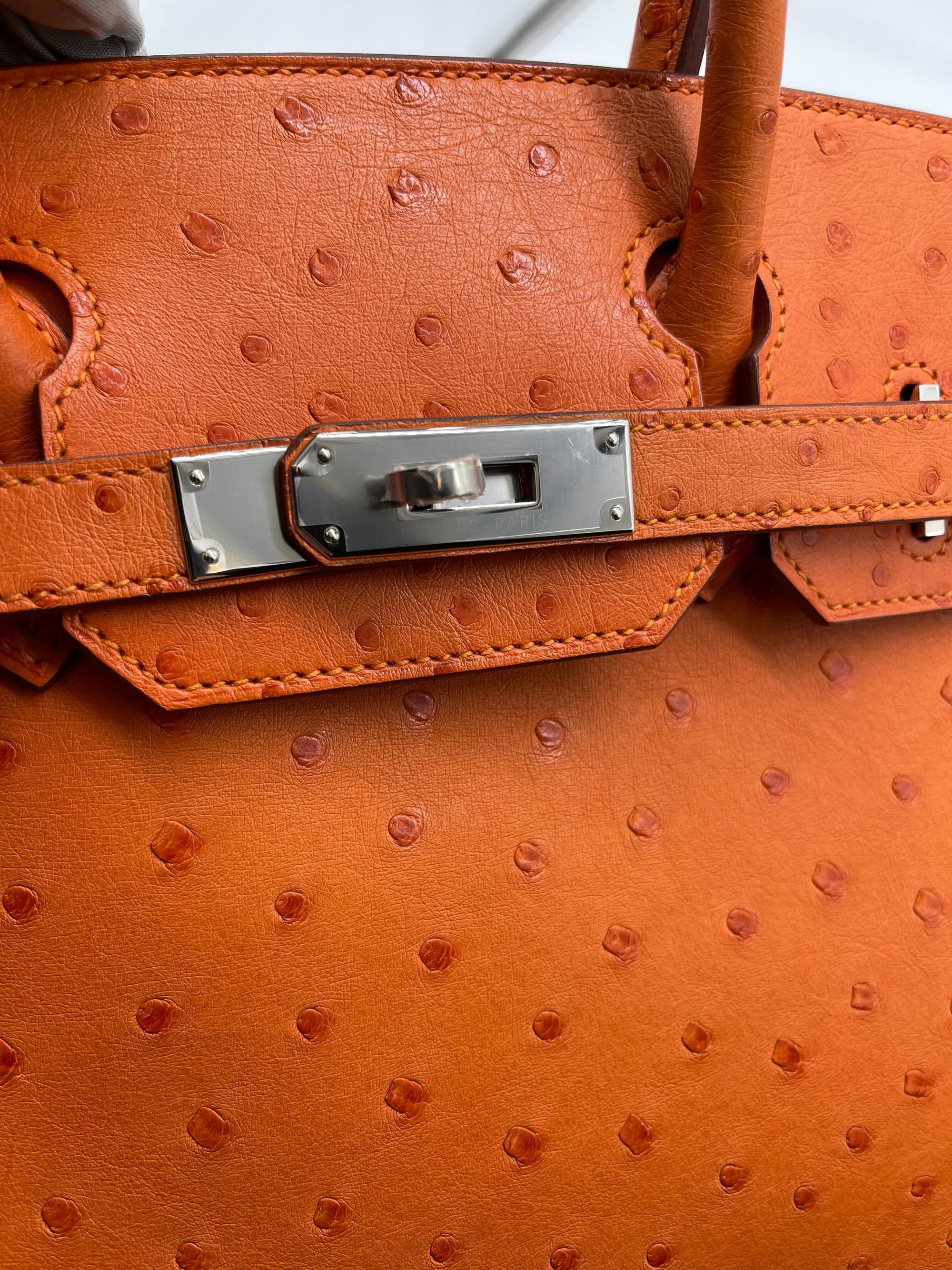 HMS Birkin 30 Ostrich 5K Tangerine Palladium Hardware