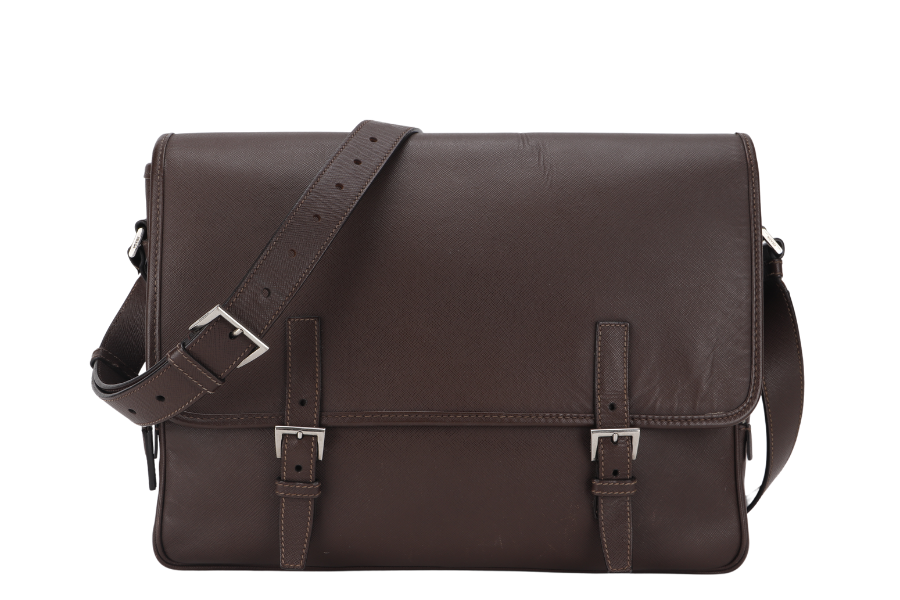 PRD BROWN SAFFIANO LEATHER MESSENGER BAG NO DUST COVER AND BOX