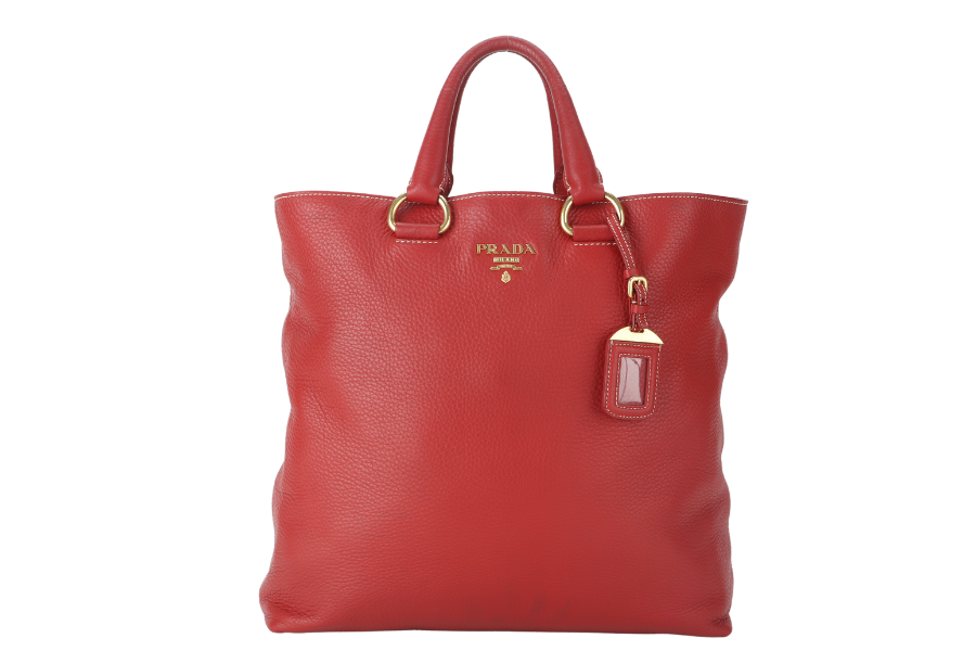 PRD CONVERTIBLE VERTICAL TOTE RED GRAINED CALF LEATHER GOLD HARDWARE WITH DUST COVER AND STRAP