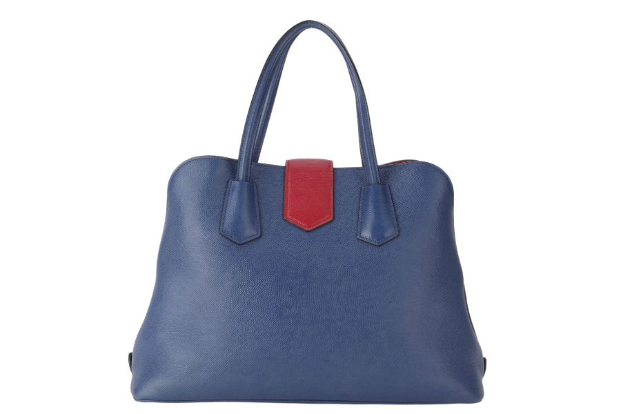 PRD BLUE-RED SAFFIANO LEATHER DOUBLE HANDLE TOTE (BN2755) GOLD HARDWARE WITH STRAP, CARD AND DUST COVER