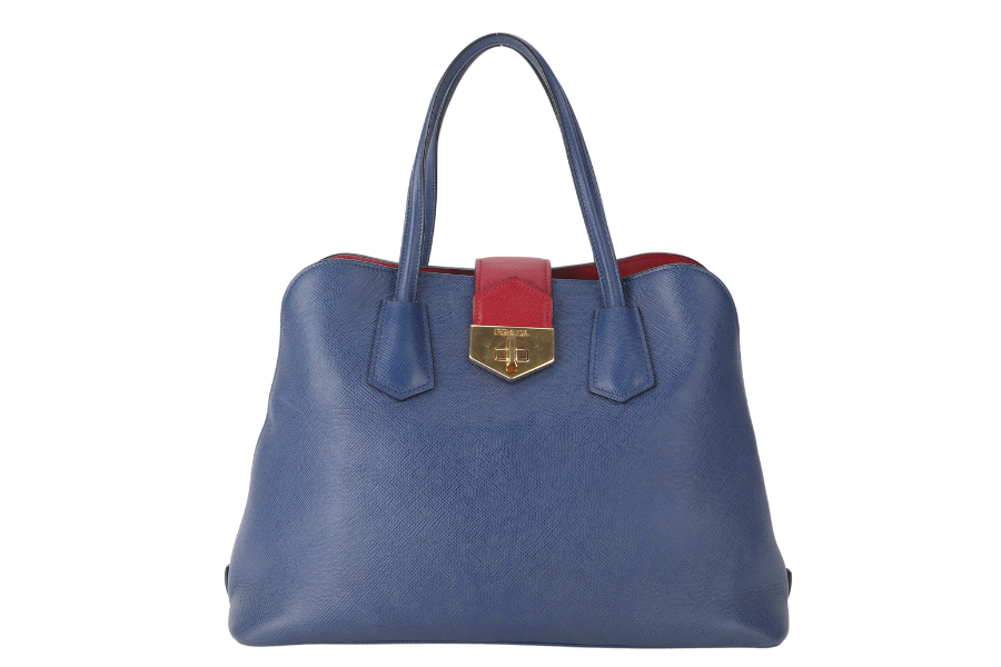 PRD BLUE-RED SAFFIANO LEATHER DOUBLE HANDLE TOTE (BN2755) GOLD HARDWARE WITH STRAP, CARD AND DUST COVER