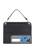 PRD CLUTCH BLACK RETRO RACING LOGO PRINT SAFFIANO LEATHER SILVER HARDWARE, NO CARD & DUST COVER