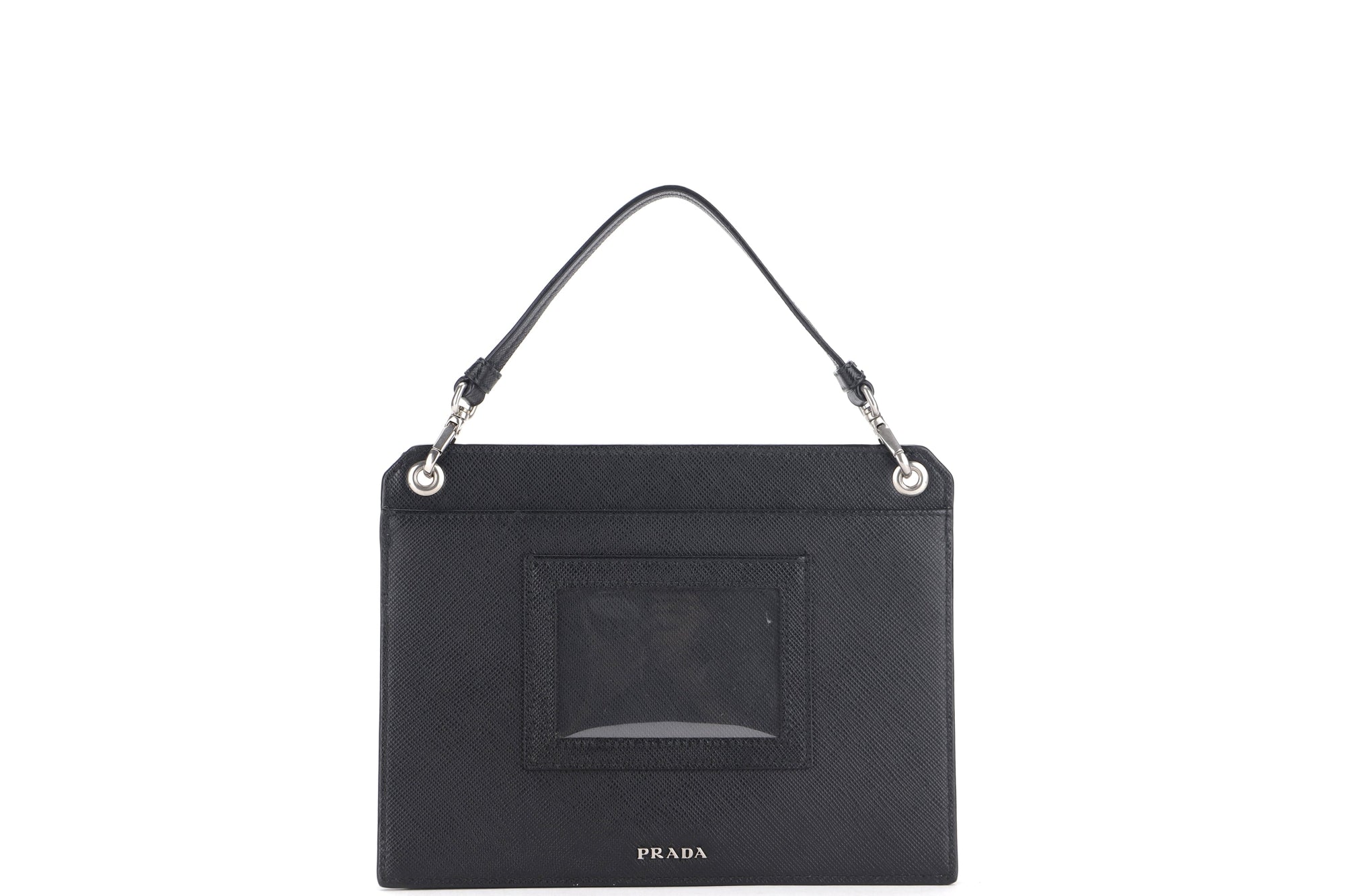 PRD CLUTCH BLACK RETRO RACING LOGO PRINT SAFFIANO LEATHER SILVER HARDWARE, NO CARD &amp; DUST COVER