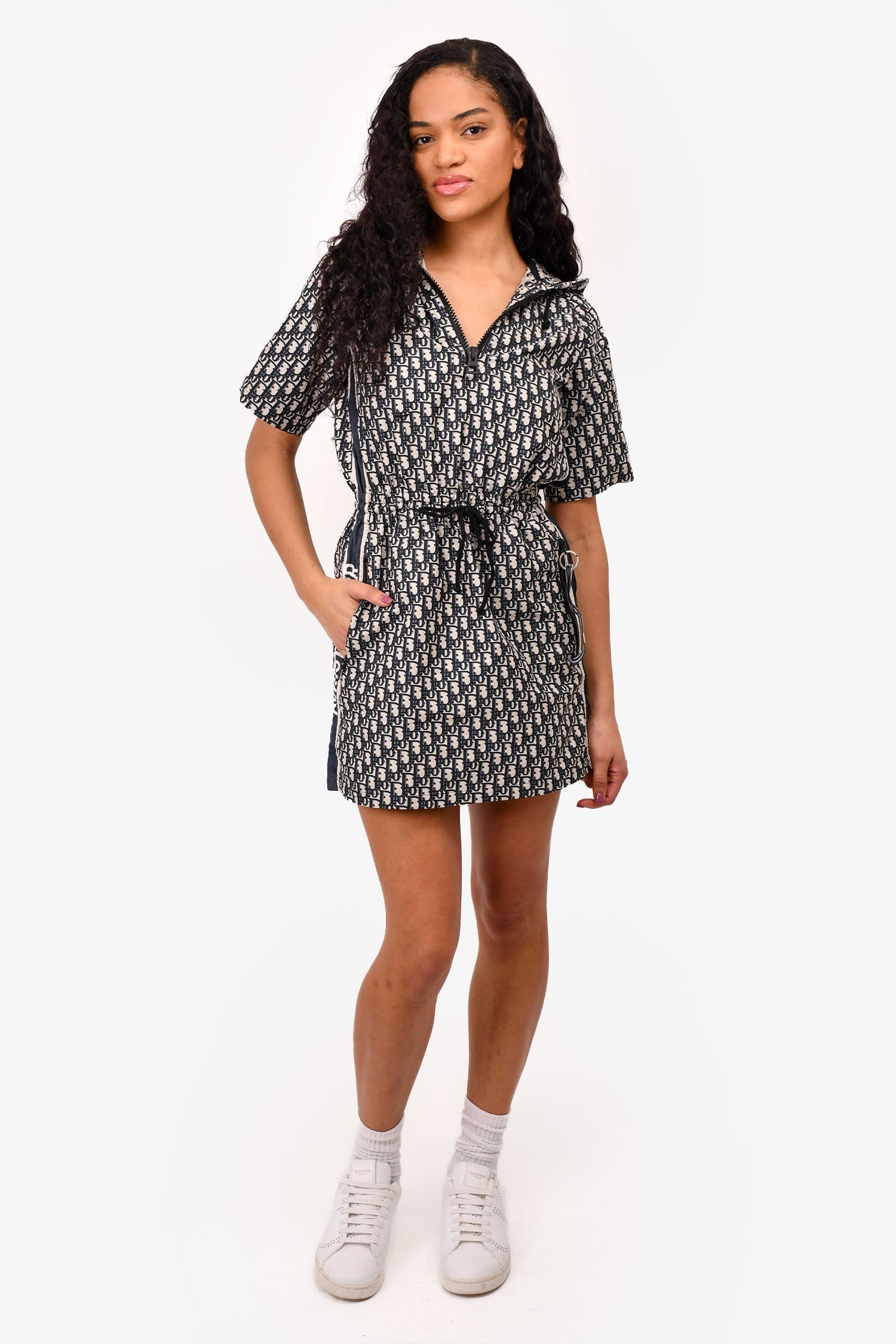 Christian D1OR Blue Oblique Jacquard Hooded Mini Dress Size 2 US