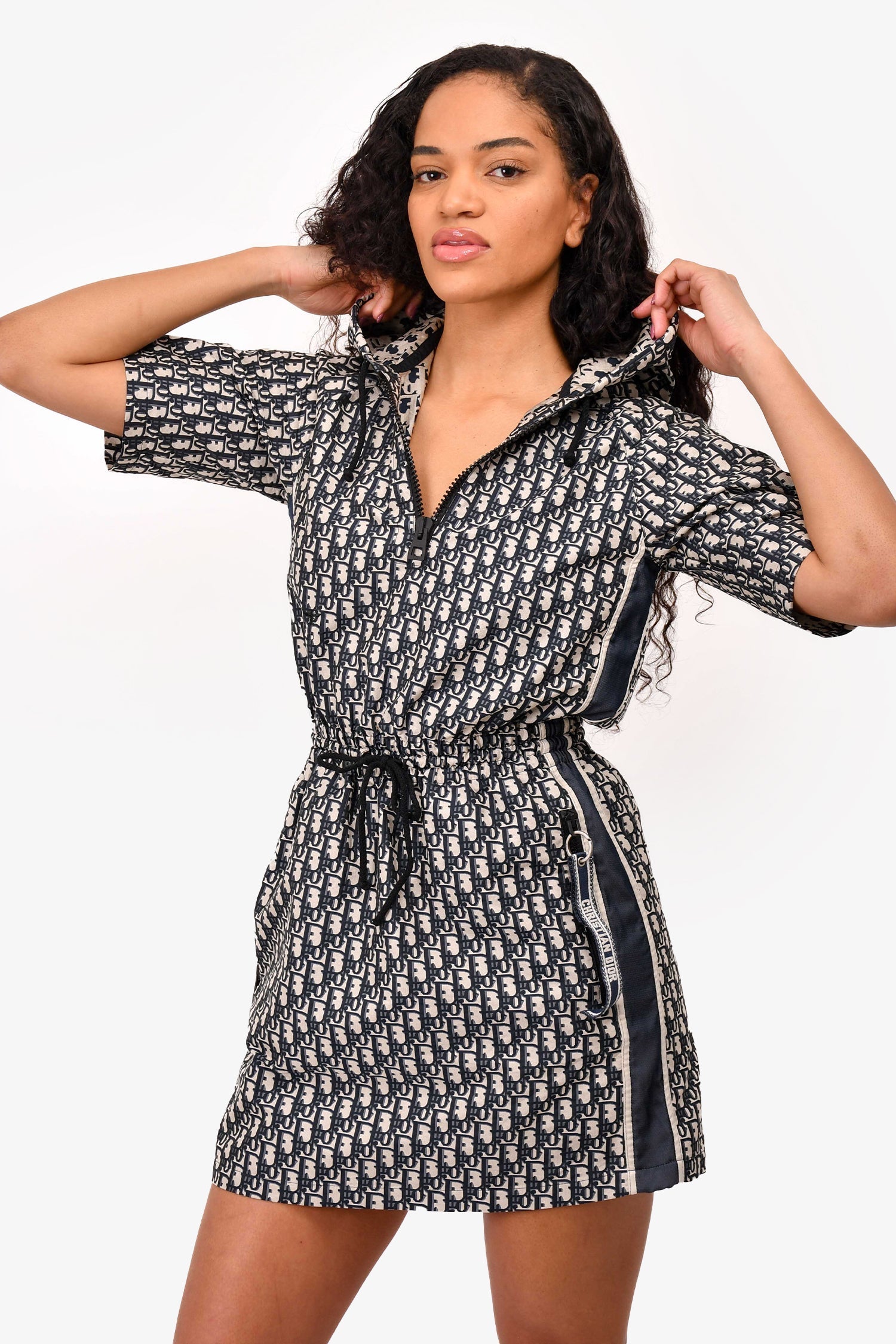 Christian D1OR Blue Oblique Jacquard Hooded Mini Dress Size 2 US