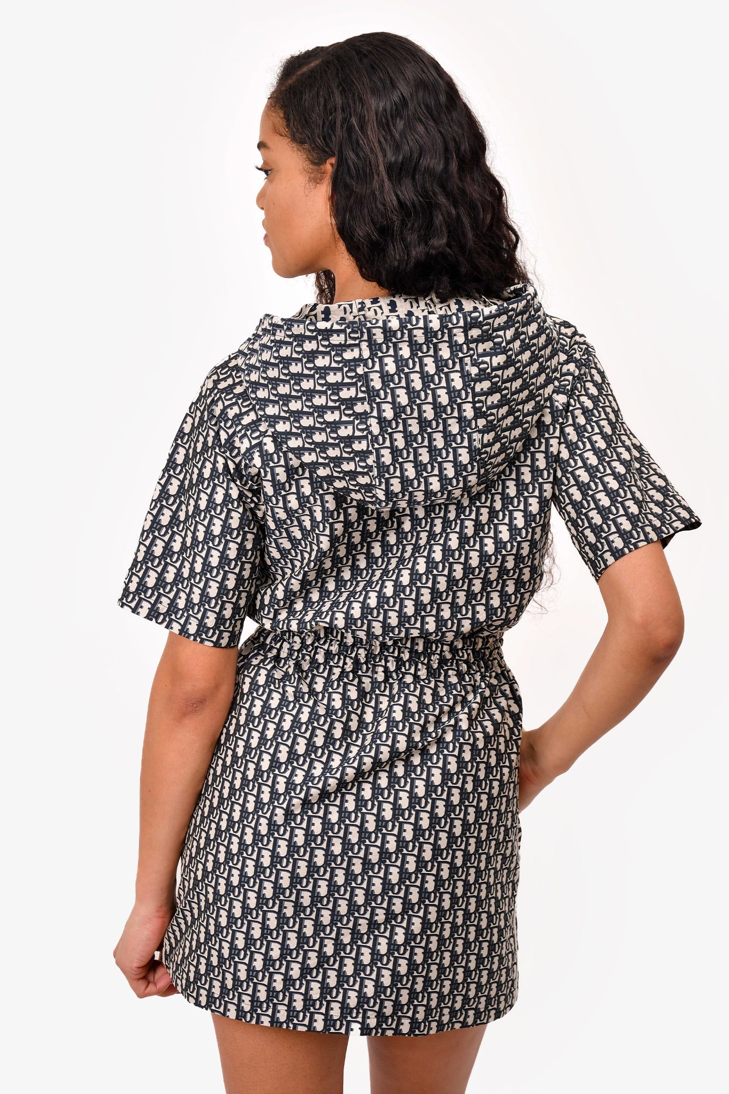Christian D1OR Blue Oblique Jacquard Hooded Mini Dress Size 2 US