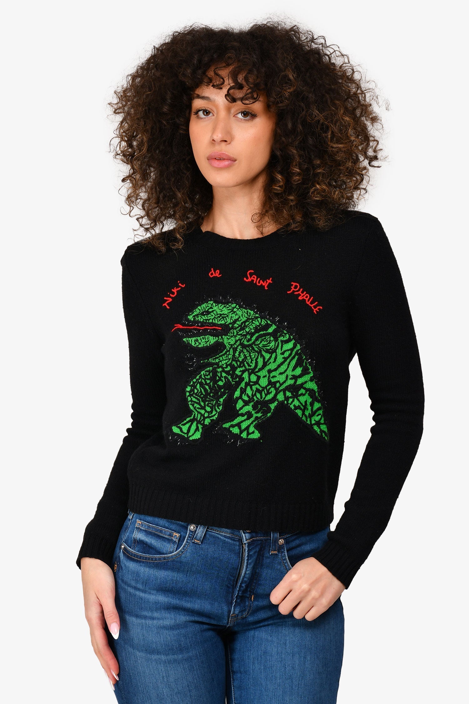 Christian D1OR Black/Green Cashmere Embroidered Sweater Size 4
