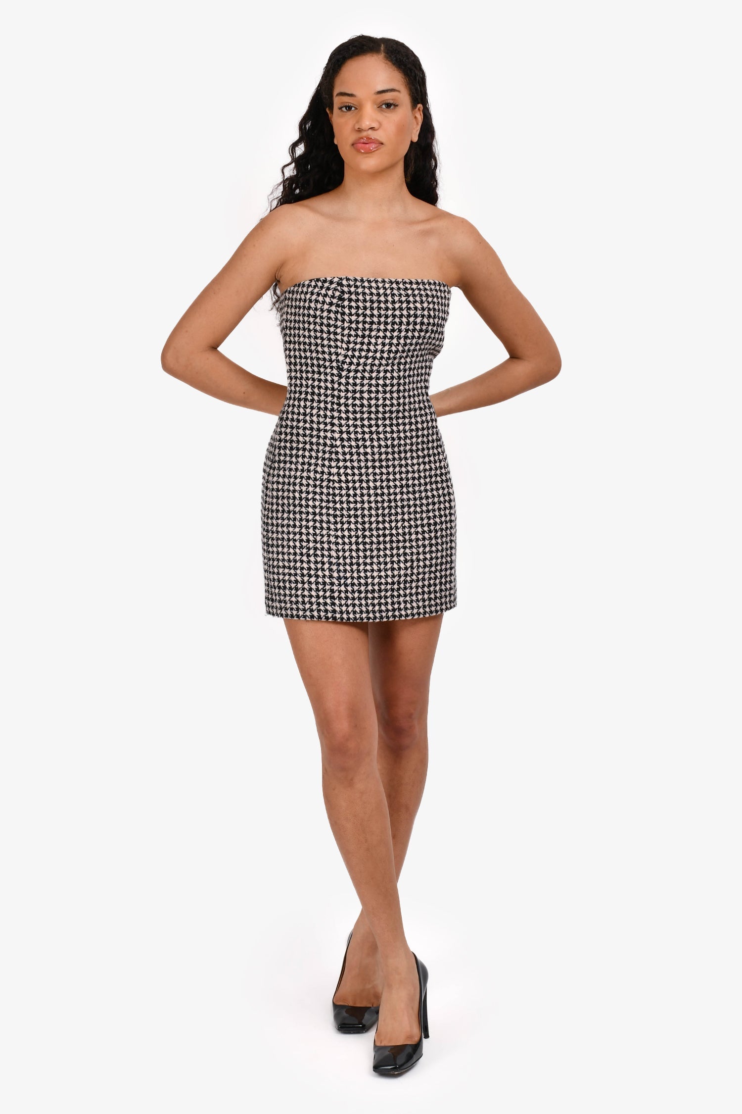 Christian D1OR Black/ White Houndstooth Wool/Cashmere Bustier Dress Size 40
