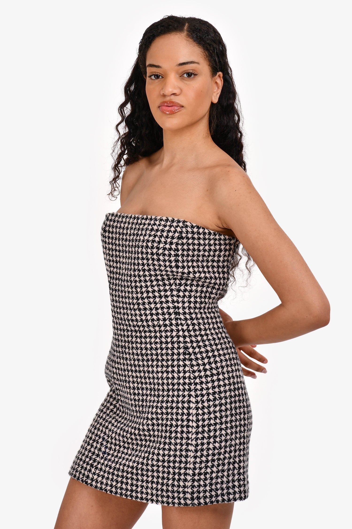 Christian D1OR Black/ White Houndstooth Wool/Cashmere Bustier Dress Size 40