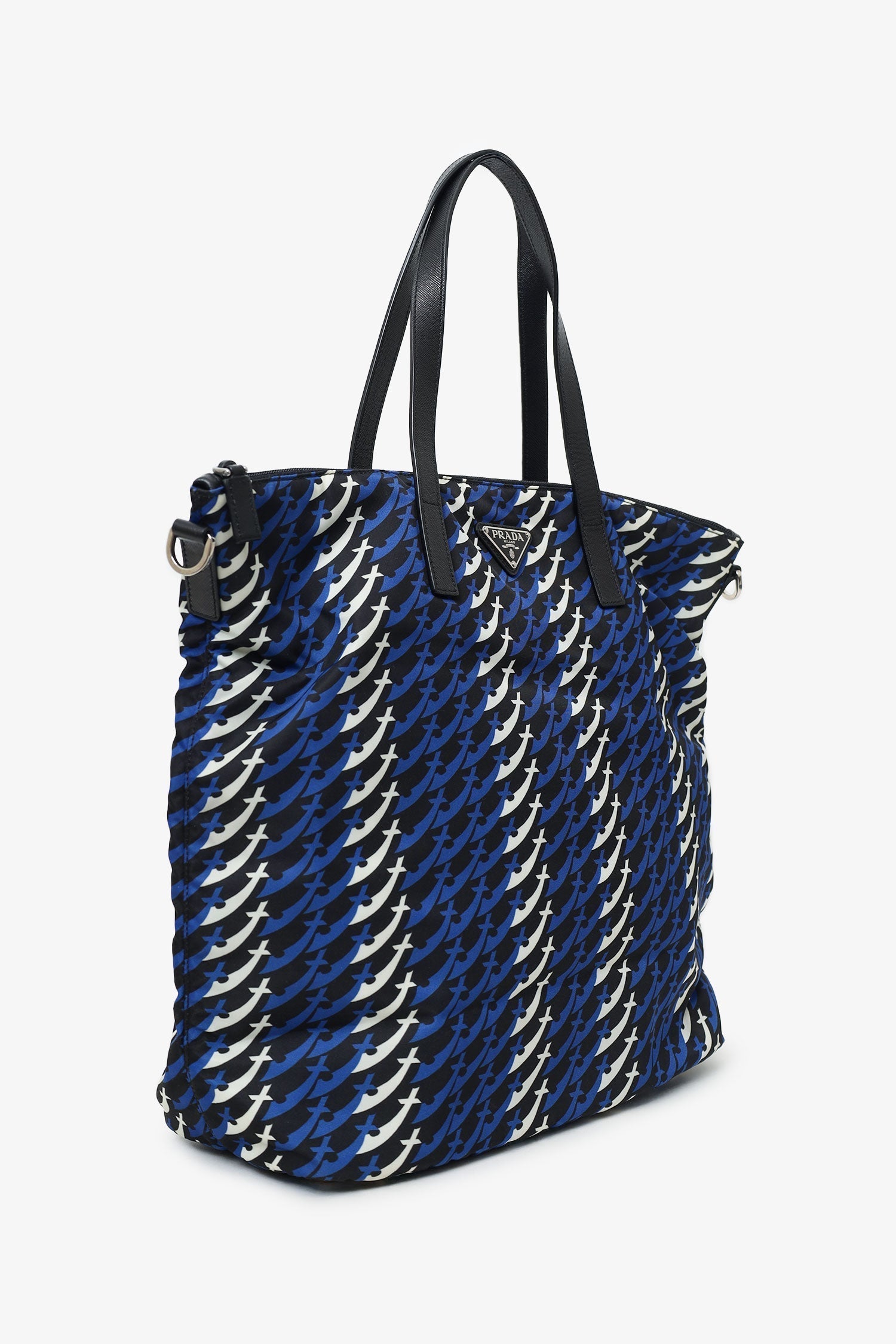 PRD Blue/Black/White Tessuto Stampato Tote with Strap