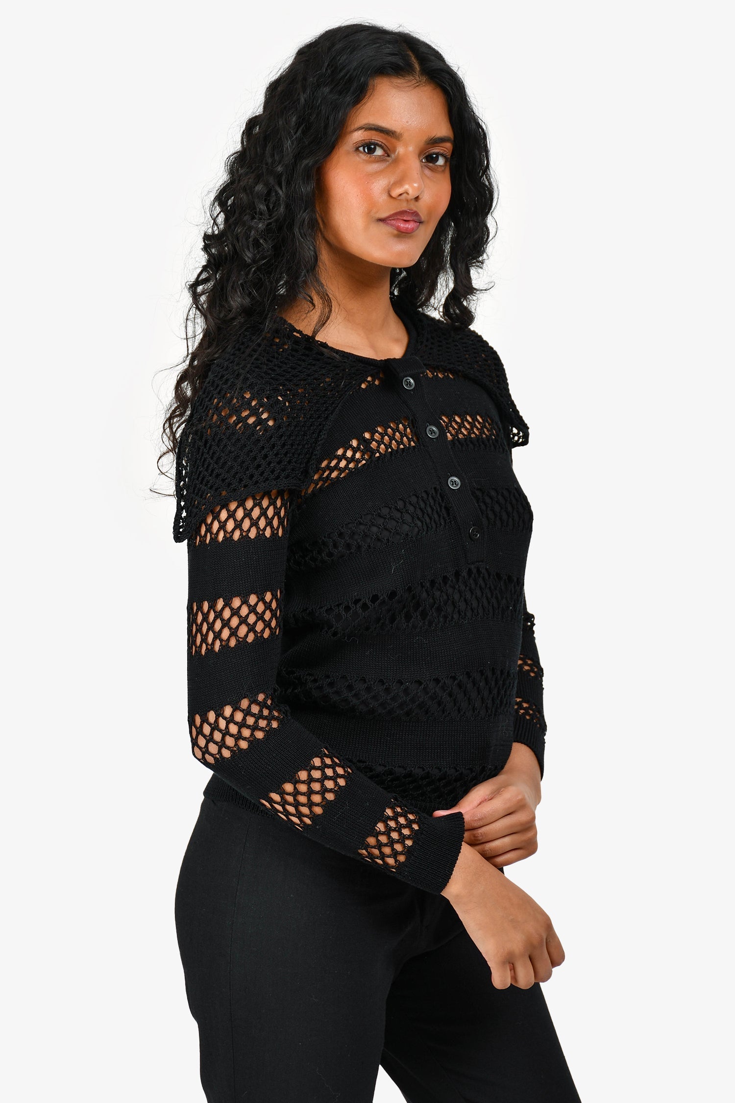 Christian D1OR Black Crochet Fisherman Sweater with Slip Size 4