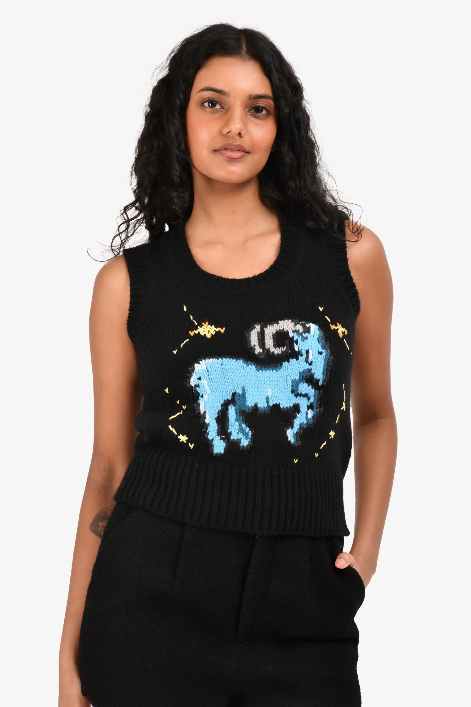 Christian D1OR Black Wool Knit Capricorn Zodiac Top Size 4