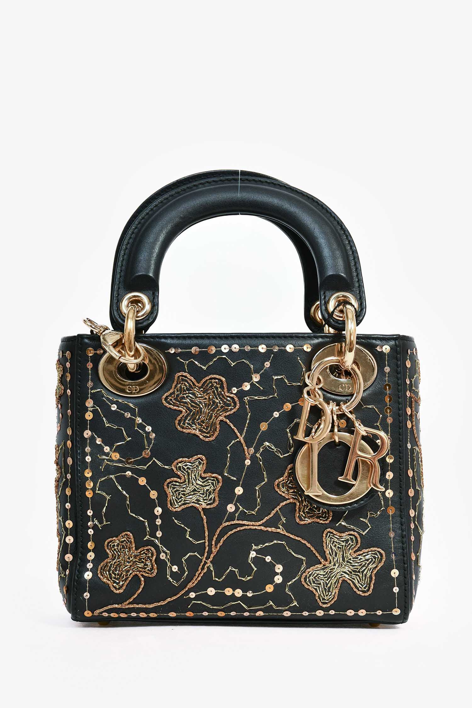 Christian D1OR Black Leather Gold 'Clovers' Embroidered Mini Lady D1OR
