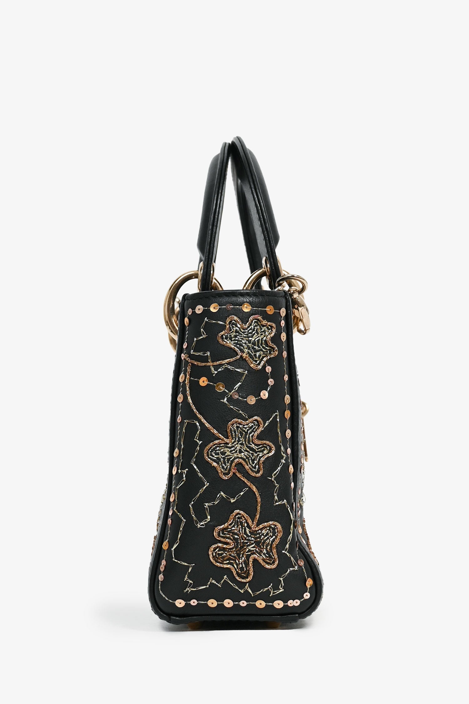 Christian D1OR Black Leather Gold 'Clovers' Embroidered Mini Lady D1OR